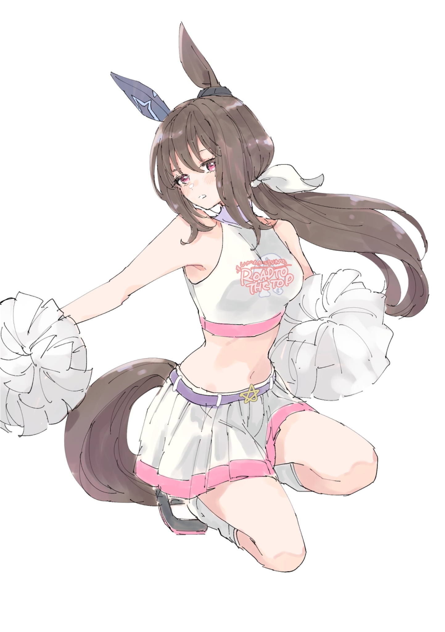 yoiisand, admire vega (umamusume), umamusume, umamusume: road to the top, commentary request, highres, 1girl, animal ears, bare shoulders, belt, blush, breasts, brown hair, crop top, ear covers, hair between eyes, holding, holding pom poms, horse ears, horse girl, horse tail, long hair, low ponytail, medium breasts, midriff, navel, parted lips, pleated skirt, pom pom (cheerleading), pom poms, ponytail, purple belt, purple eyes, shirt, shoes, simple background, single ear cover, skirt, sleeveless, sleeveless shirt, socks, solo, star (symbol), star ornament, tail, white background, white shirt, white skirt, white socks