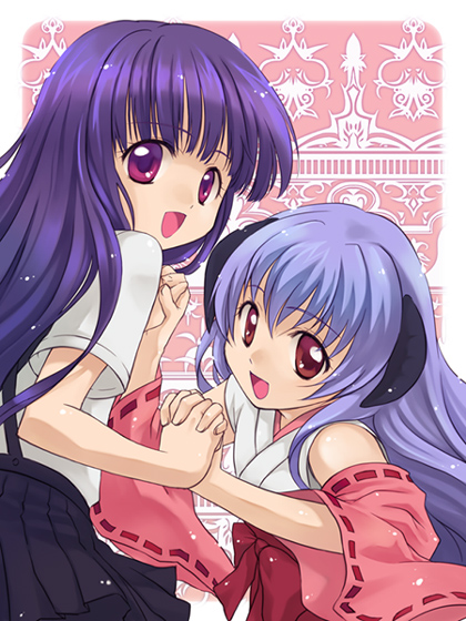 suzuki hanako, furude rika, hanyuu, higurashi no naku koro ni, 00s, 2girls, blue hair, detached sleeves, hakama, hakama skirt, holding hands, japanese clothes, multiple girls, purple eyes, purple hair, red hakama, skirt