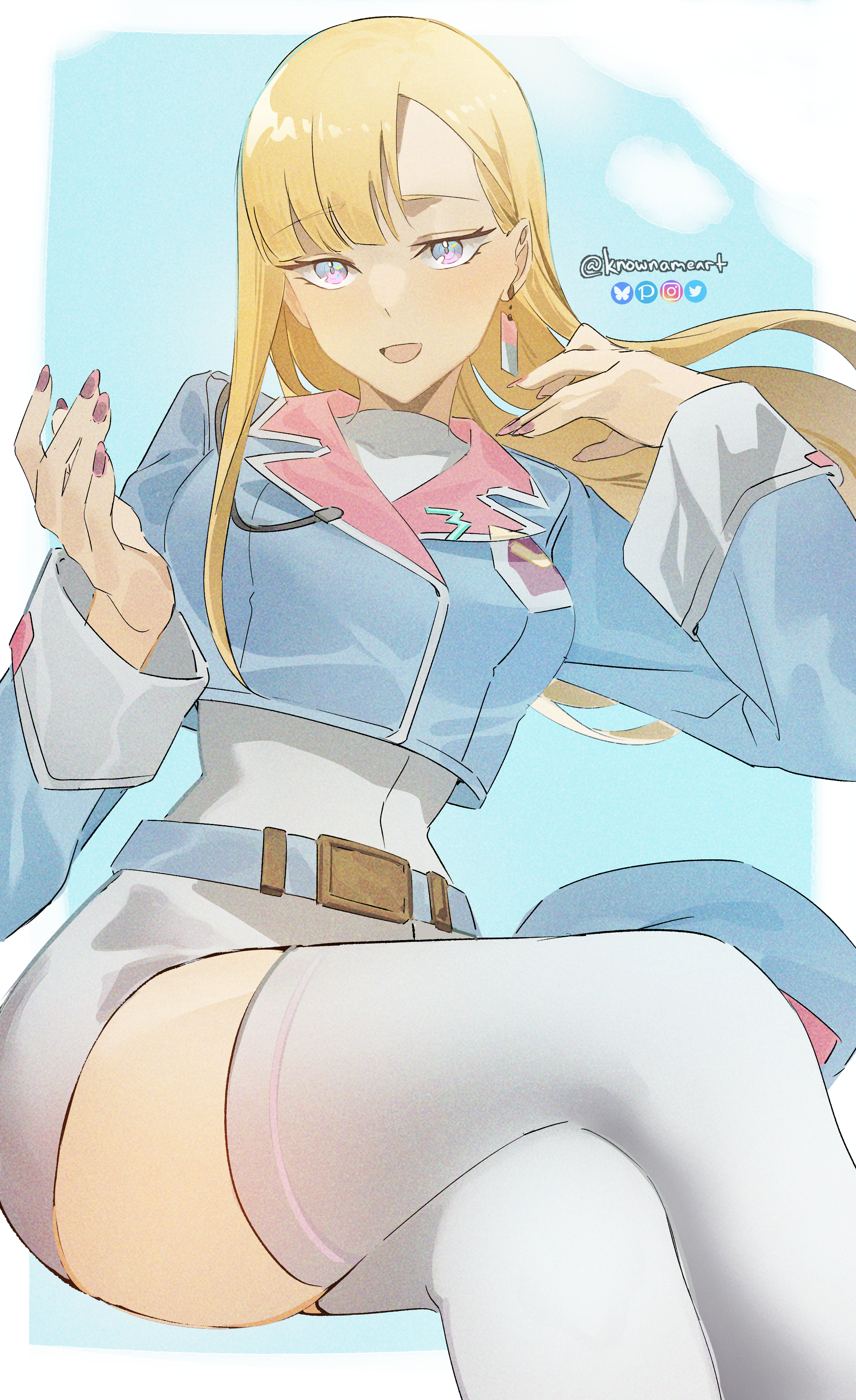 knowname, yuugure (towa no yuugure), towa no yuugure, absurdres, commentary request, highres, 1girl, belt, blonde hair, blue background, blue belt, blue eyes, blue jacket, breasts, crossed legs, dress, earrings, feet out of frame, fingernails, floating hair, hands up, hat, invisible chair, jacket, jewelry, long fingernails, long hair, long sleeves, medium breasts, multicolored eyes, nail polish, open mouth, pink eyes, purple nails, single earring, sitting, solo, thighhighs, twitter username, two-tone eyes, unworn hat, unworn headwear, white dress, white thighhighs, zettai ryouiki