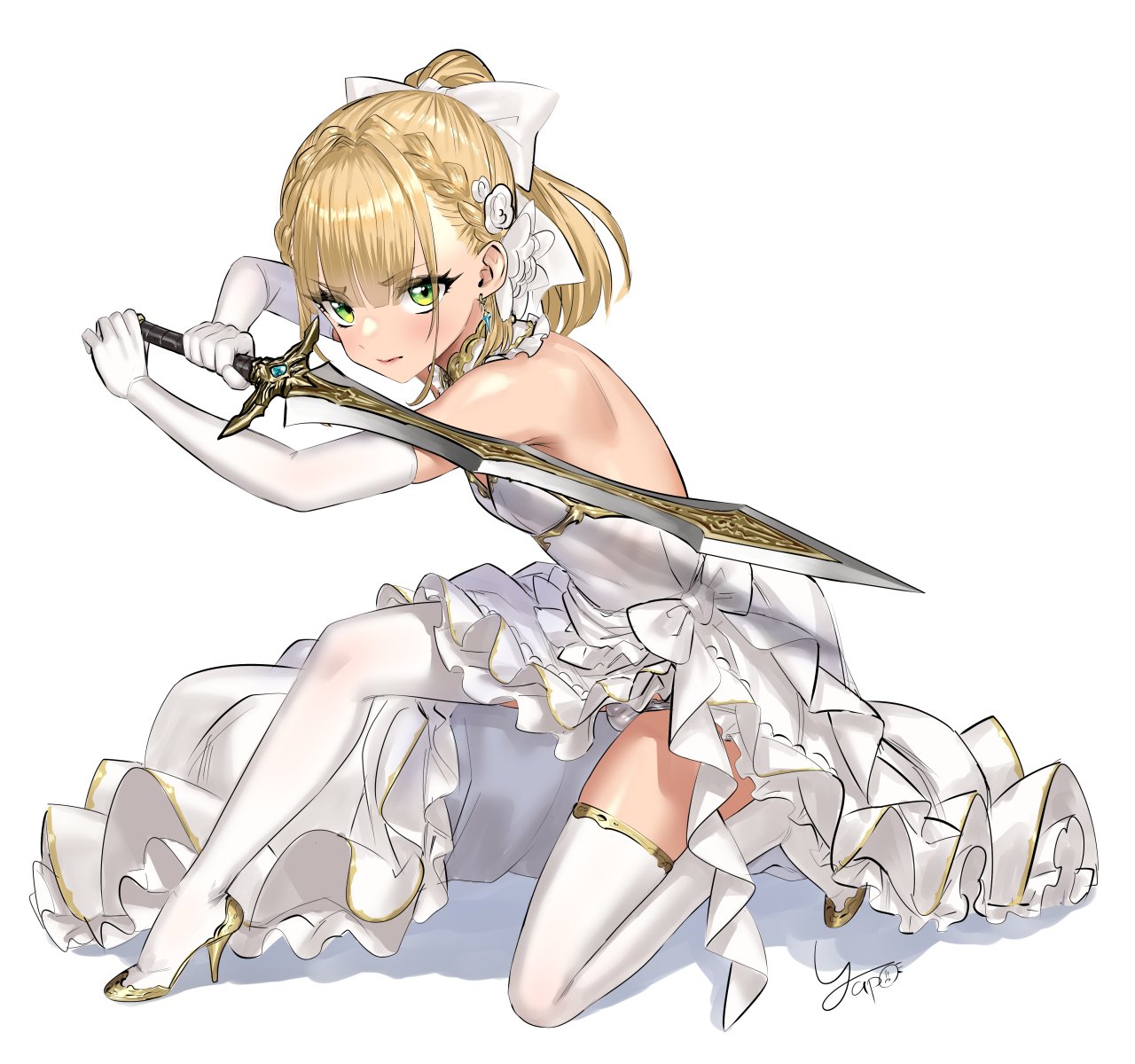 yapo (croquis side), original, commentary request, highres, 1boy, backless dress, backless outfit, blonde hair, bow, bulge, crossdressing, crossdressing (mtf), dress, elbow gloves, frilled dress, frills, full body, gloves, green eyes, hair bow, high heels, holding, holding sword, holding weapon, looking at viewer, panties, ponytail, short ponytail, signature, solo, sword, thighhighs, trap, underwear, weapon, white dress, white gloves, white panties, white thighhighs