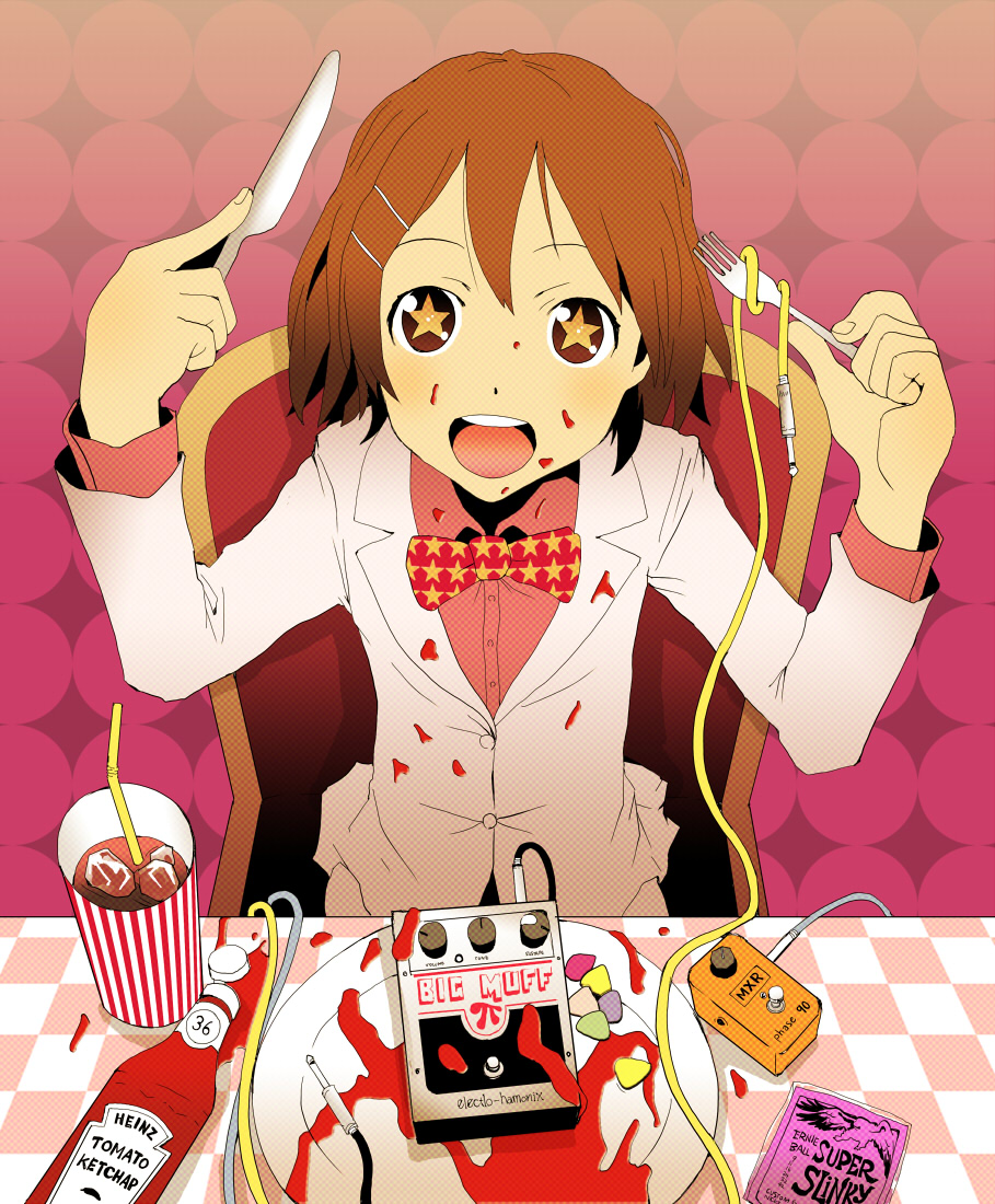 tamaoki benkyou, hirasawa yui, heinz, k-on!, bad id, bad pixiv id, + +, 00s, 1girl, bow, bowtie, brown eyes, brown hair, cable, drink, english text, engrish text, female focus, fork, formal clothes, hair ornament, hairclip, ketchup, knife, plectrum, product placement, ranguage, solo, star (symbol), suit, symbol-shaped pupils, traditional bowtie