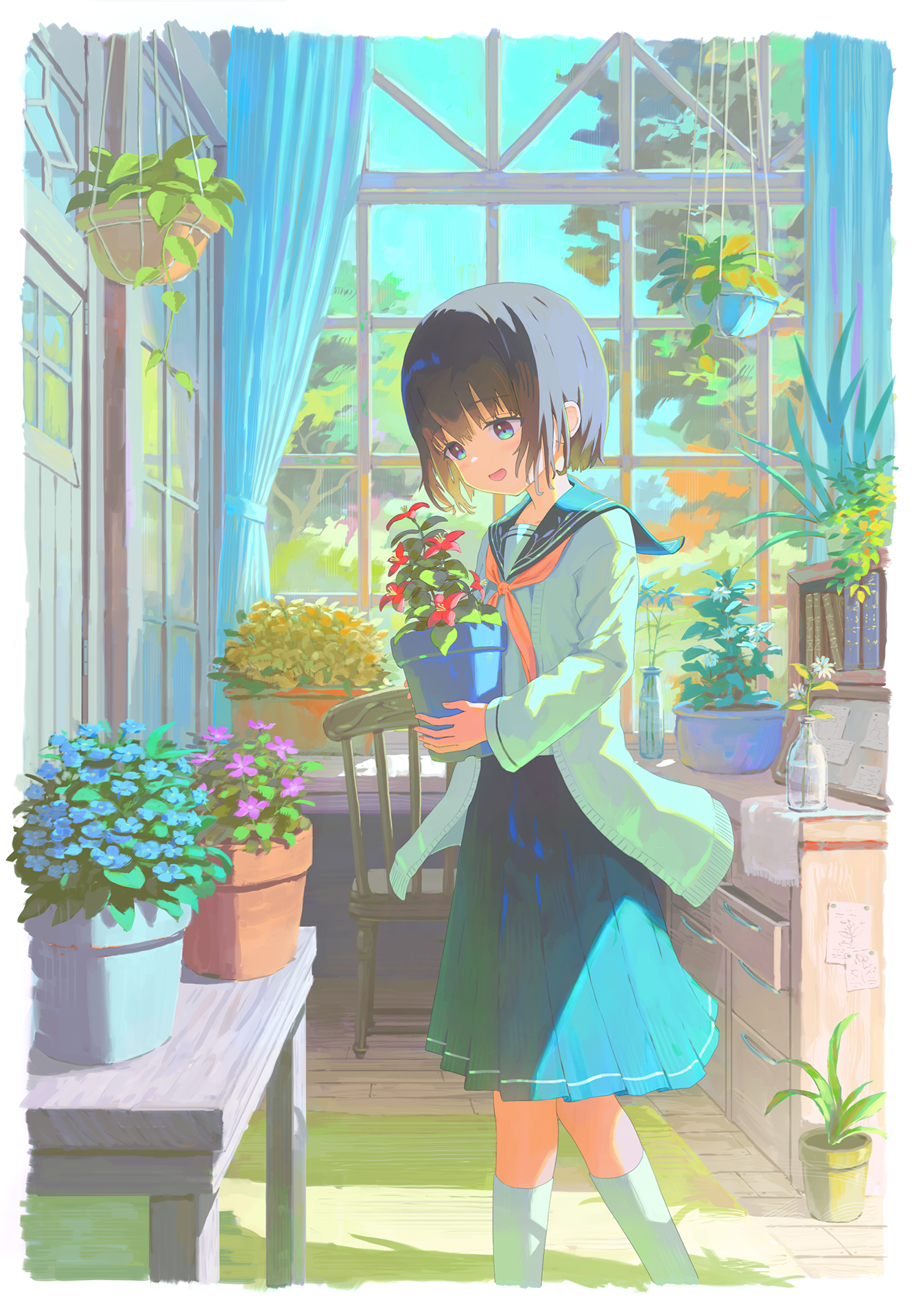 feel (nasitaki), original, commentary, highres, 1girl, blue eyes, blue flower, blue sailor collar, blue skirt, blue sky, book, bookshelf, border, bottle, brown hair, cardigan, chair, chest of drawers, curtains, desk, feet out of frame, flower, hanging plant, holding, holding plant, indoors, irregular border, looking down, neckerchief, open mouth, pink flower, plant, pleated skirt, potted plant, red flower, red neckerchief, rug, sailor collar, scenery, short hair, skirt, sky, smile, socks, tree, white border, white cardigan, white flower, white socks, window, wooden floor