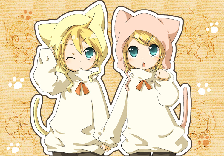 hidacafe, izumi yuu (mee), kagamine len, kagamine rin, vocaloid, 1boy, 1girl, animal ears, animal hat, aqua eyes, blonde hair, brother and sister, cat ears, cat hat, cat tail, child, hat, holding hands, one eye closed, short hair, siblings, tail, twins, wink