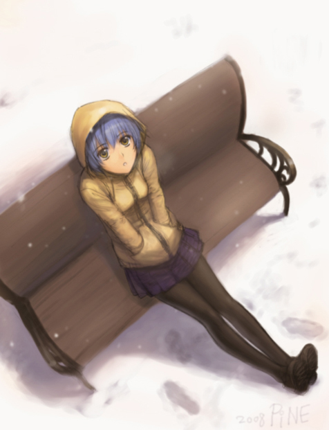 jayun, commentary, 1girl, bench, blue hair, coat, cold, female focus, from above, full body, hands in pockets, looking up, outdoors, pantyhose, short hair, sitting, skirt, snow, solo, yellow eyes