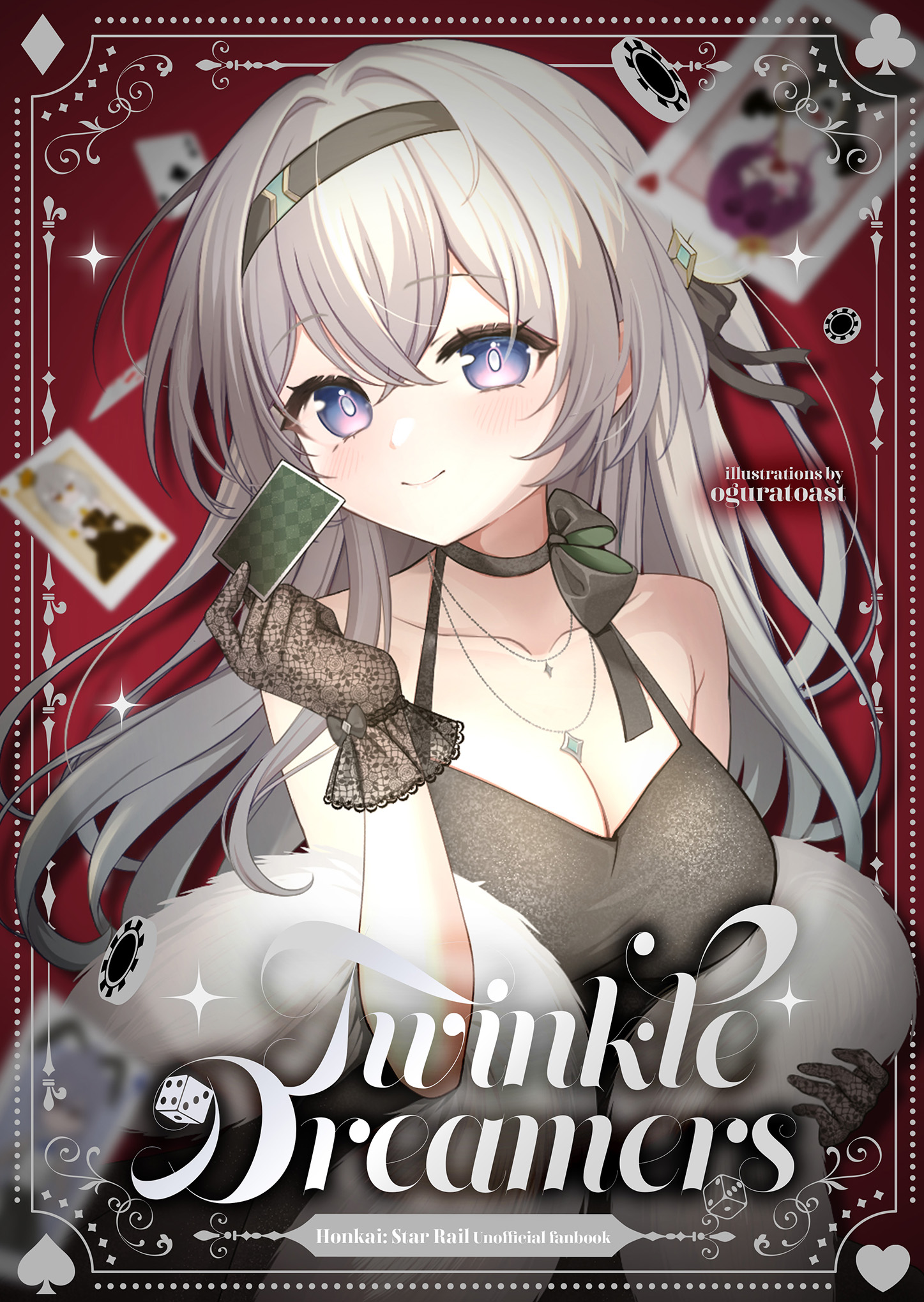 oguraponti, firefly (honkai: star rail), honkai: star rail, honkai (series), commentary request, highres, 1girl, alternate costume, bare shoulders, black choker, black dress, black gloves, black hairband, blush, breasts, card, choker, cleavage, closed mouth, collarbone, dress, fur trim, gloves, grey hair, hair between eyes, hairband, holding, holding card, jewelry, long hair, looking at viewer, necklace, purple eyes, sleeveless, sleeveless dress, smile, solo, very long hair