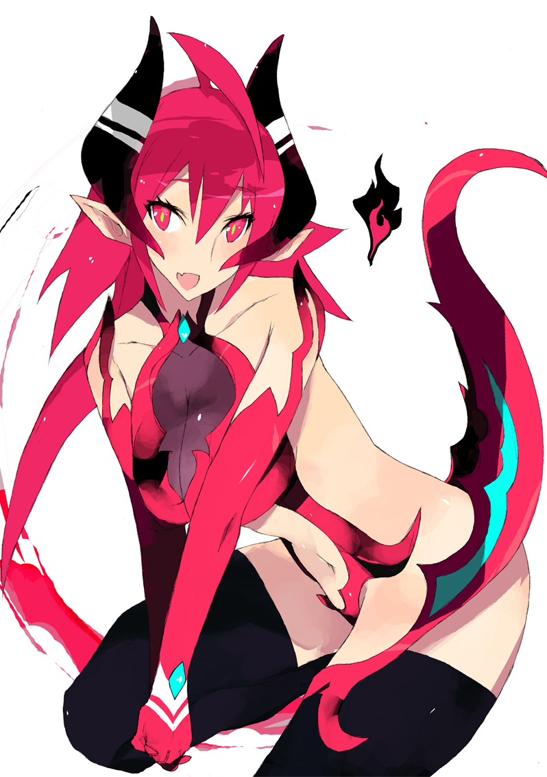 brws, original, bad id, bad pixiv id, 1girl, :d, ahoge, bare shoulders, fang, female focus, horns, kneeling, leaning forward, long hair, navel, open mouth, pointy ears, red eyes, red hair, simple background, smile, solo, tail, thighhighs, white background