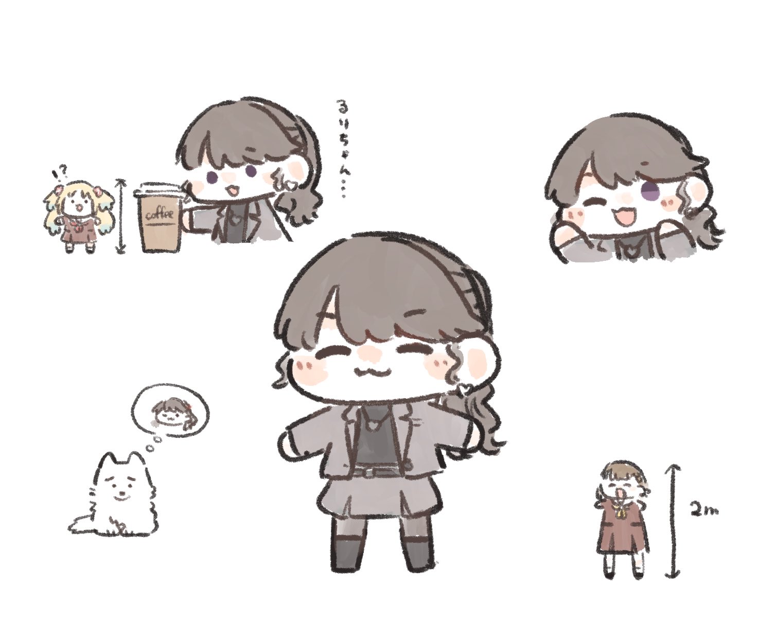 ao kaeru, fujishima megumi, fujishima megumi (post-graduation), harino (love live!), kachimachi kosuzu, osawa rurino, link! like! love live!, love live!, commentary request, highres, !?, . ., 3girls, :3, :d, ;3, ;d, ^ ^, black sweater, blonde hair, blue hair, brown dress, brown hair, chibi, chibi only, closed eyes, closed mouth, colored tips, cup, disposable coffee cup, disposable cup, dog, dress, earrings, german shepherd, gradient hair, grey jacket, hasu no sora school uniform, heart, heart earrings, heart necklace, height, holding, holding cup, jacket, jewelry, long hair, medium dress, multicolored hair, multiple girls, multiple views, neckerchief, necklace, one eye closed, open clothes, open jacket, open mouth, pleated dress, ponytail, purple eyes, red neckerchief, school uniform, simple background, smile, speech bubble, stud earrings, suit jacket, sweater, thought bubble, twintails, virtual youtuber, white background, white dog, winter uniform, yellow neckerchief