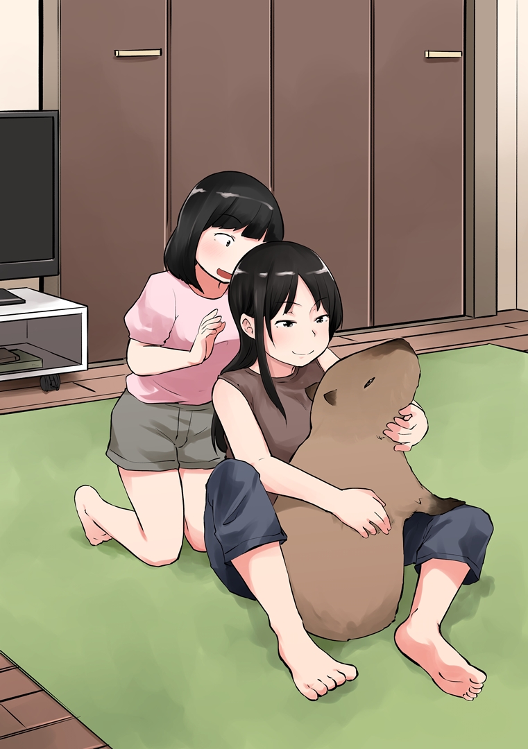 kirinama01, original, commentary request, 2girls, animal, barefoot, black hair, brown shirt, capybara, holding, holding animal, indoors, medium hair, multiple girls, pink shirt, rug, shirt, shorts, sleeveless, sleeveless shirt, television, wooden floor