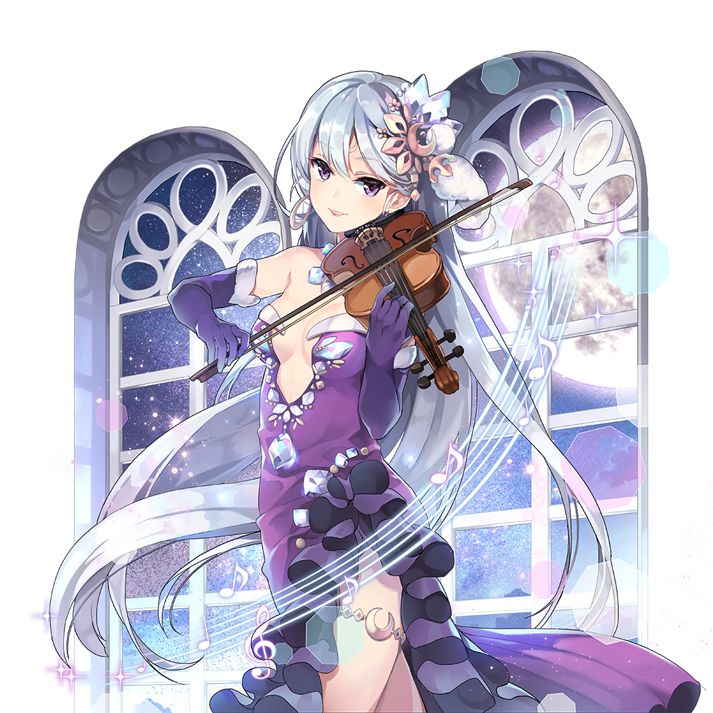 levan, uchi no hime-sama ga ichiban kawaii, commentary request, 1girl, artemis (uchihime), bare legs, belt, blue hair, breasts, closed mouth, crescent ornament, dress, elbow gloves, gem, gloves, holding, holding instrument, instrument, jewelry, long hair, off shoulder, purple dress, purple eyes, purple gloves, small breasts, thigh belt, thigh strap, very long hair, violin, window