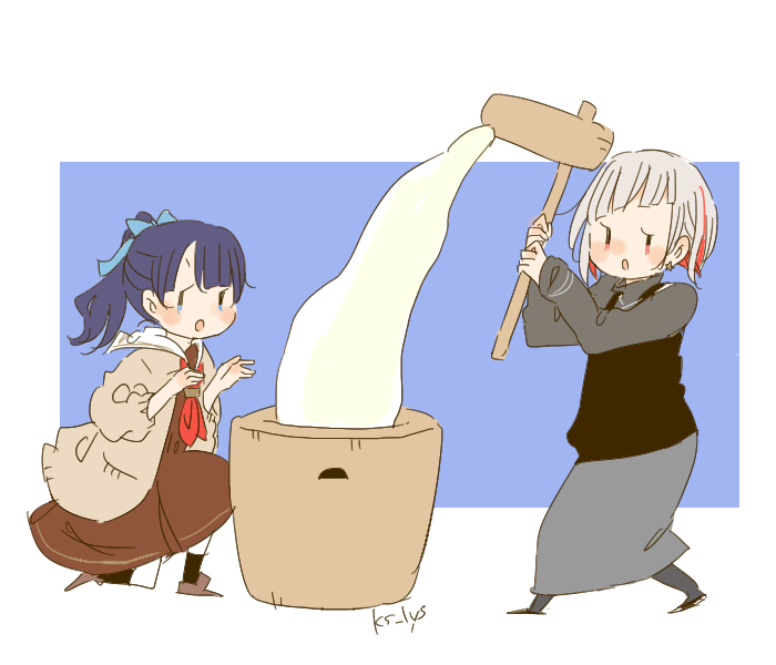 kase (ks lys), murano sayaka, yugiri tsuzuri, yugiri tsuzuri (post-graduation), link! like! love live!, love live!, commentary request, 2girls, :o, black skirt, black socks, black sweater, blue background, blue bow, blue eyes, blue ribbon, border, bow, brown cardigan, brown dress, cardigan, colored inner hair, dress, grey hair, hair bow, hair ribbon, hasu no sora school uniform, high ponytail, holding, holding mallet, kine, long sleeves, mallet, mochitsuki, mortar (bowl), multicolored hair, multiple girls, neckerchief, official alternate costume, on one knee, open cardigan, open clothes, open mouth, outside border, pink eyes, ponytail, red hair, red neckerchief, ribbon, sailor collar, sailor dress, school uniform, short hair, signature, simple background, skirt, socks, standing, streaked hair, sweater, turtleneck, turtleneck sweater, twitter username, v-shaped eyebrows, virtual youtuber, white border, white sailor collar, winter uniform, | |