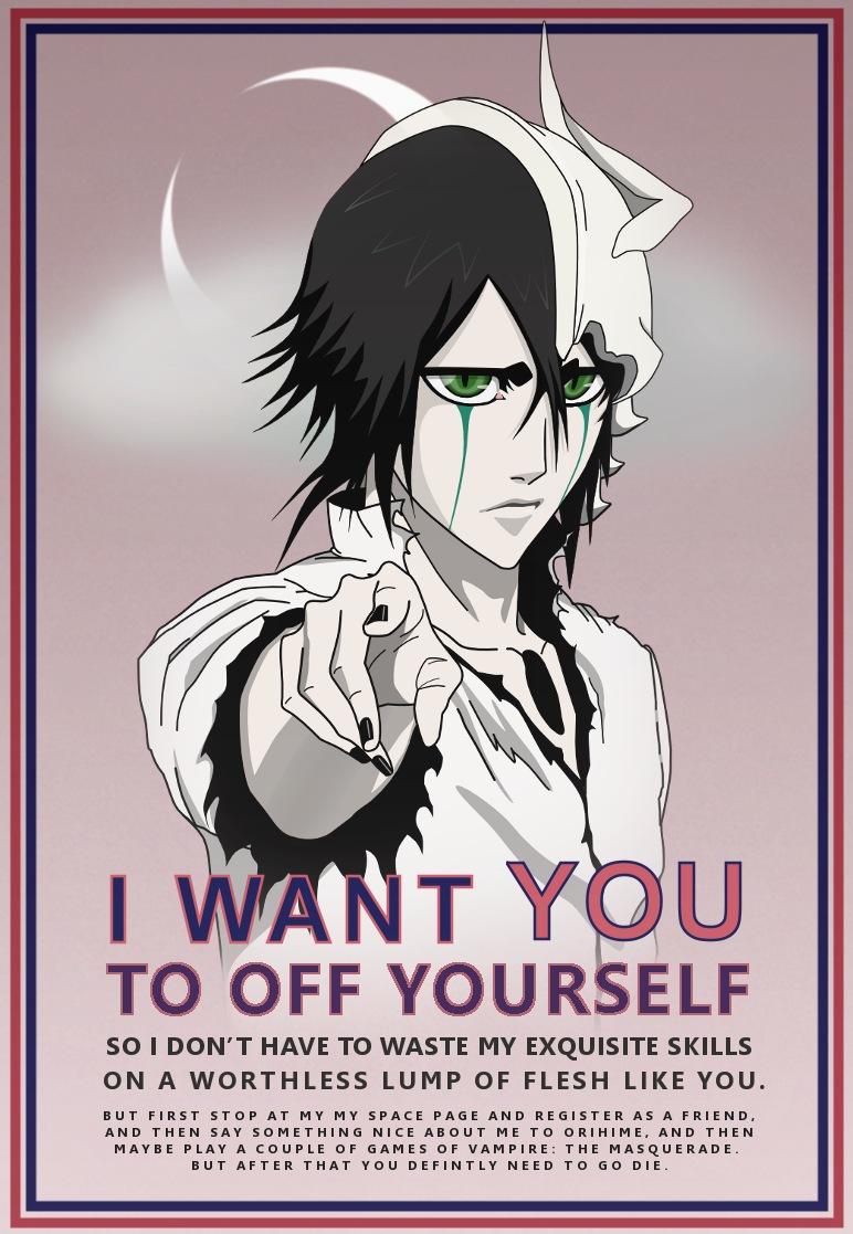 earlyblake, ulquiorra cifer, bleach, i want you, english, horn, point, black hair, facial mark, green eyes, hat, pale skin, parody, propaganda, solo, suicide