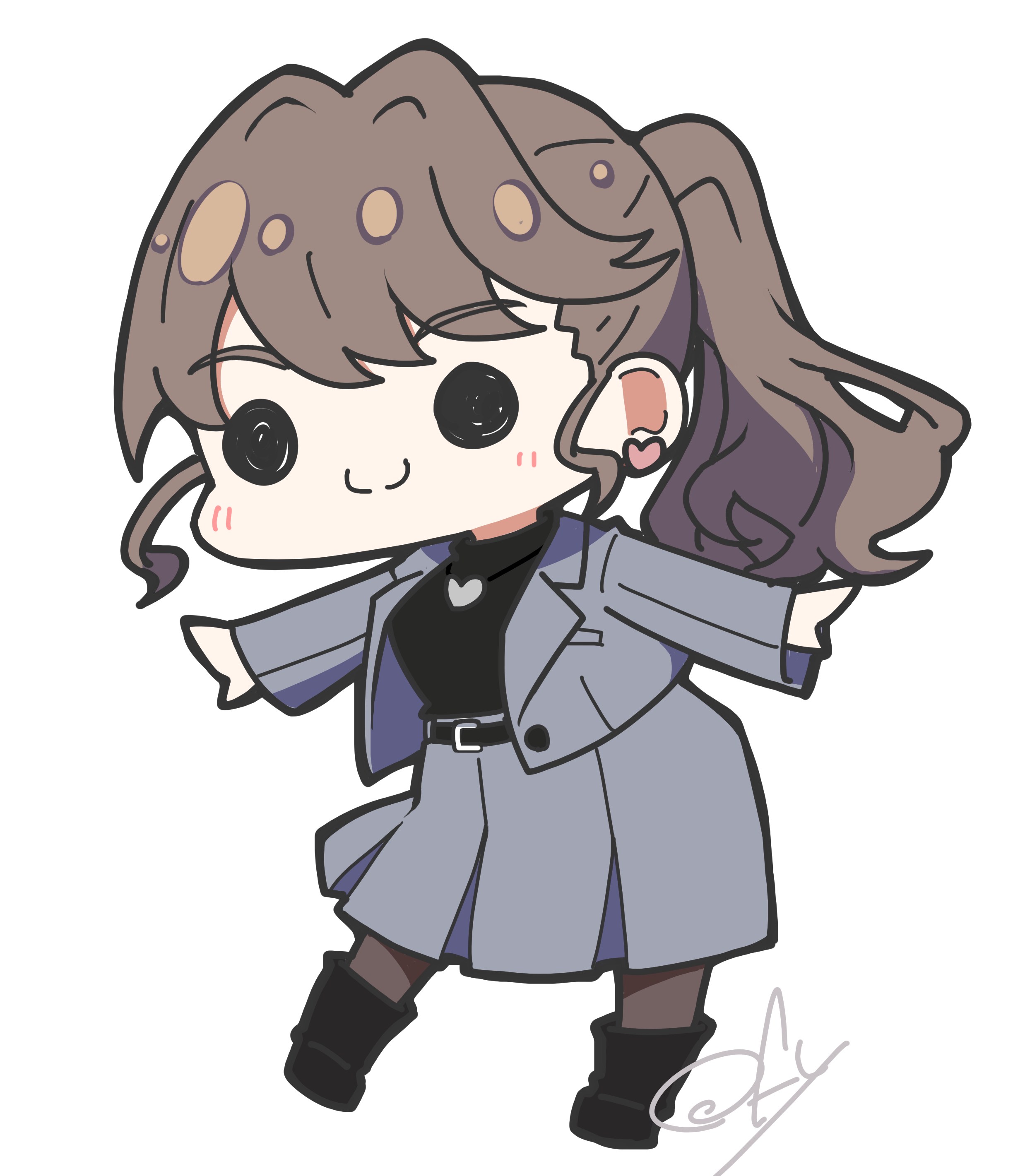 oofushi ao, fujishima megumi, fujishima megumi (post-graduation), link! like! love live!, love live!, absurdres, commentary request, highres, 1girl, black boots, black pantyhose, black sweater, boots, brown hair, c:, chibi, chibi only, closed mouth, grey jacket, grey skirt, heart, heart necklace, jacket, jewelry, long hair, long sleeves, medium skirt, necklace, official alternate costume, open clothes, open jacket, outstretched arms, pantyhose, pleated skirt, signature, simple background, skirt, smile, solid circle eyes, solo, split mouth, spread arms, suit jacket, sweater, turtleneck, turtleneck sweater, virtual youtuber, white background