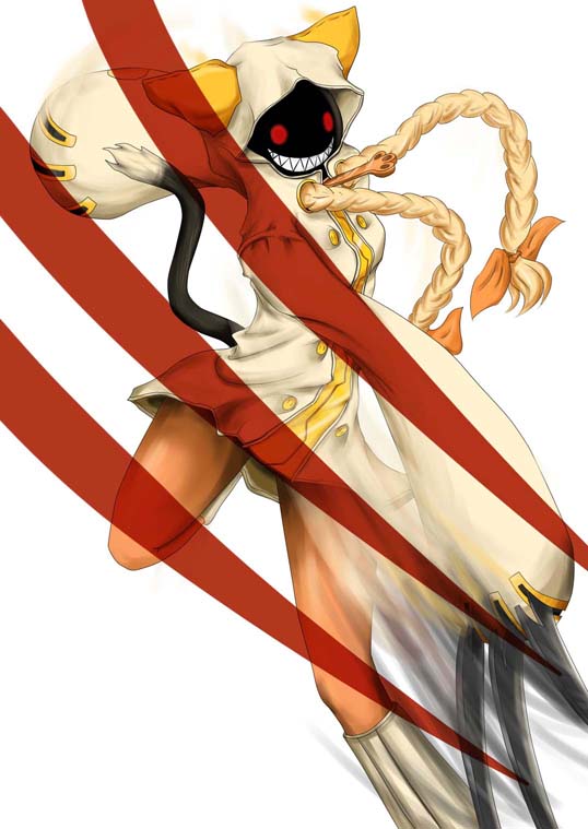 taokaka, arc system works, blazblue, animal ears, animal hood, blonde hair, braid, cat ears, cat hood, cat tail, claws, fourth wall, grin, hood, hoodie, long hair, red eyes, ribbon, smile, solo, tail