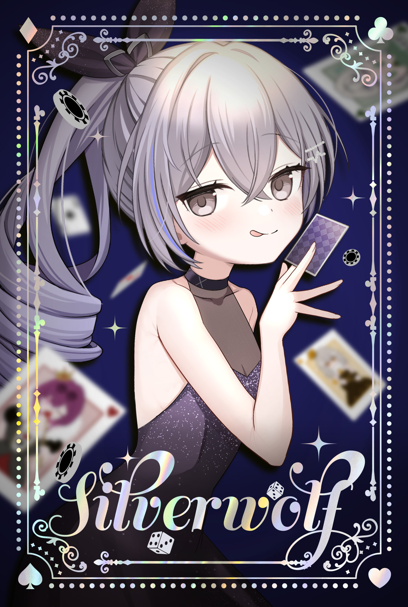 oguraponti, silver wolf (honkai: star rail), honkai: star rail, honkai (series), commentary request, highres, 1girl, :q, bare shoulders, blush, breasts, card, character name, closed mouth, collarbone, crossed bangs, dress, fingernails, grey hair, hair between eyes, hand up, holding, holding card, long hair, looking at viewer, ponytail, purple dress, sleeveless, sleeveless dress, small breasts, solo, tongue, tongue out, very long hair