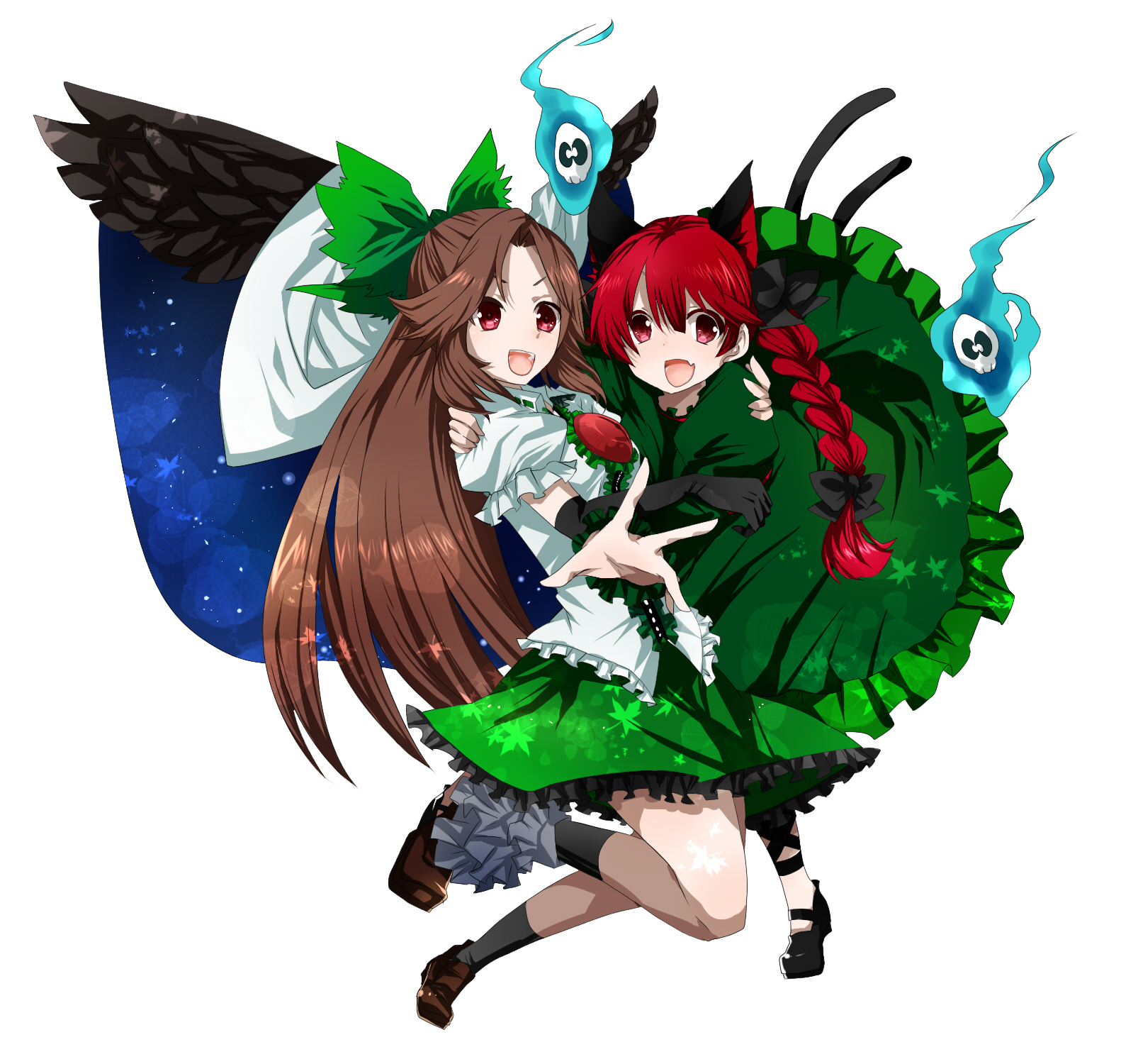 amaya enaka, tentani, kaenbyou rin, reiuji utsuho, touhou, bad id, bad pixiv id, highres, 2girls, :d, animal ears, black wings, bow, braid, brown hair, cape, cat ears, cat girl, cat tail, elbow gloves, extra ears, female focus, floating skull, gloves, hair bow, hug, leaf print, leg ribbon, long hair, multiple girls, multiple tails, open mouth, outstretched hand, red eyes, red hair, ribbon, single elbow glove, single glove, smile, tail, twin braids, twintails, wings