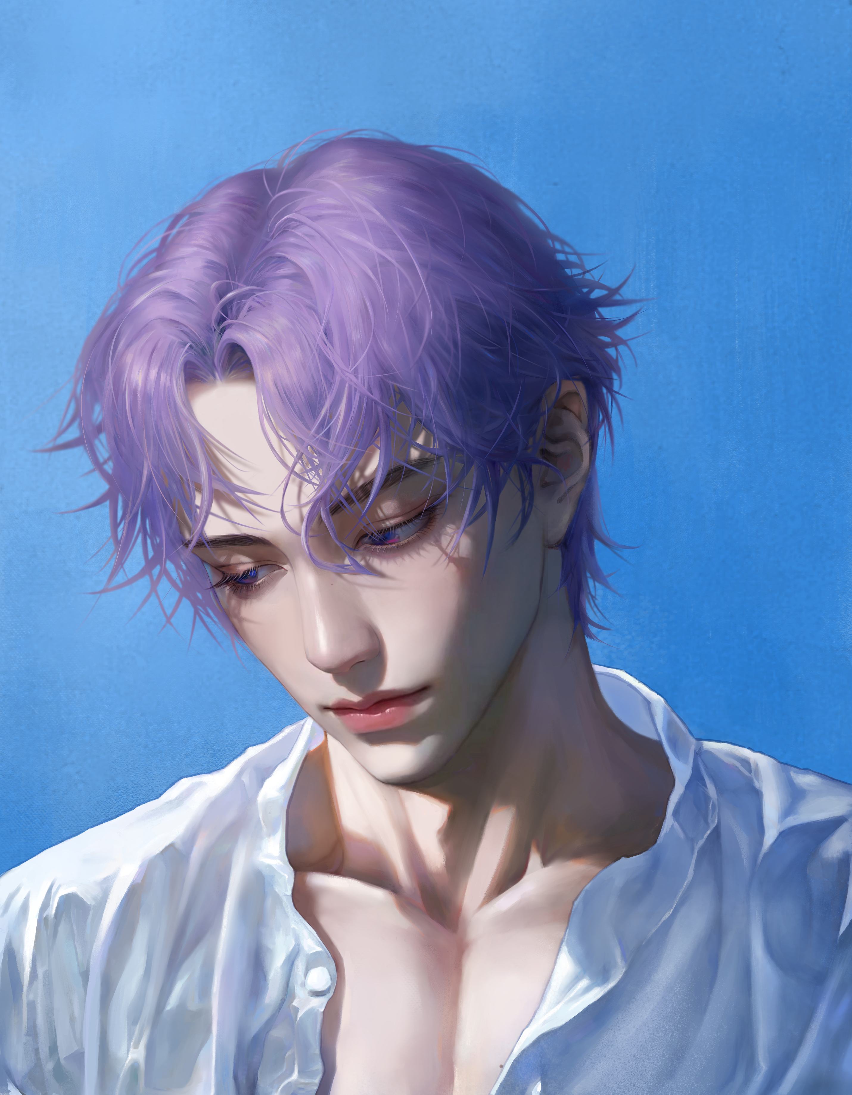 traveling plum, rafayel (love and deepspace), love and deepspace, original, absurdres, commentary request, highres, 1boy, bishounen, collarbone, male focus, open clothes, open shirt, purple hair, realistic, shadow, shirt, sky, solo