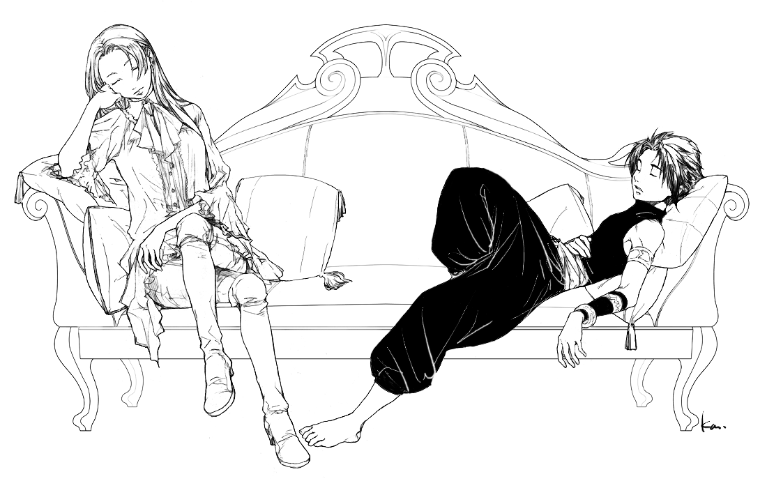 katsura (+araka), chris lightfellow, hugo (suikoden iii), gensou suikoden, gensou suikoden iii, 1boy, 1girl, armband, barefoot, closed eyes, couch, greyscale, hammer pants, long hair, monochrome, pants, parachute pants, pillow, short hair, sitting, sketch, sleeping