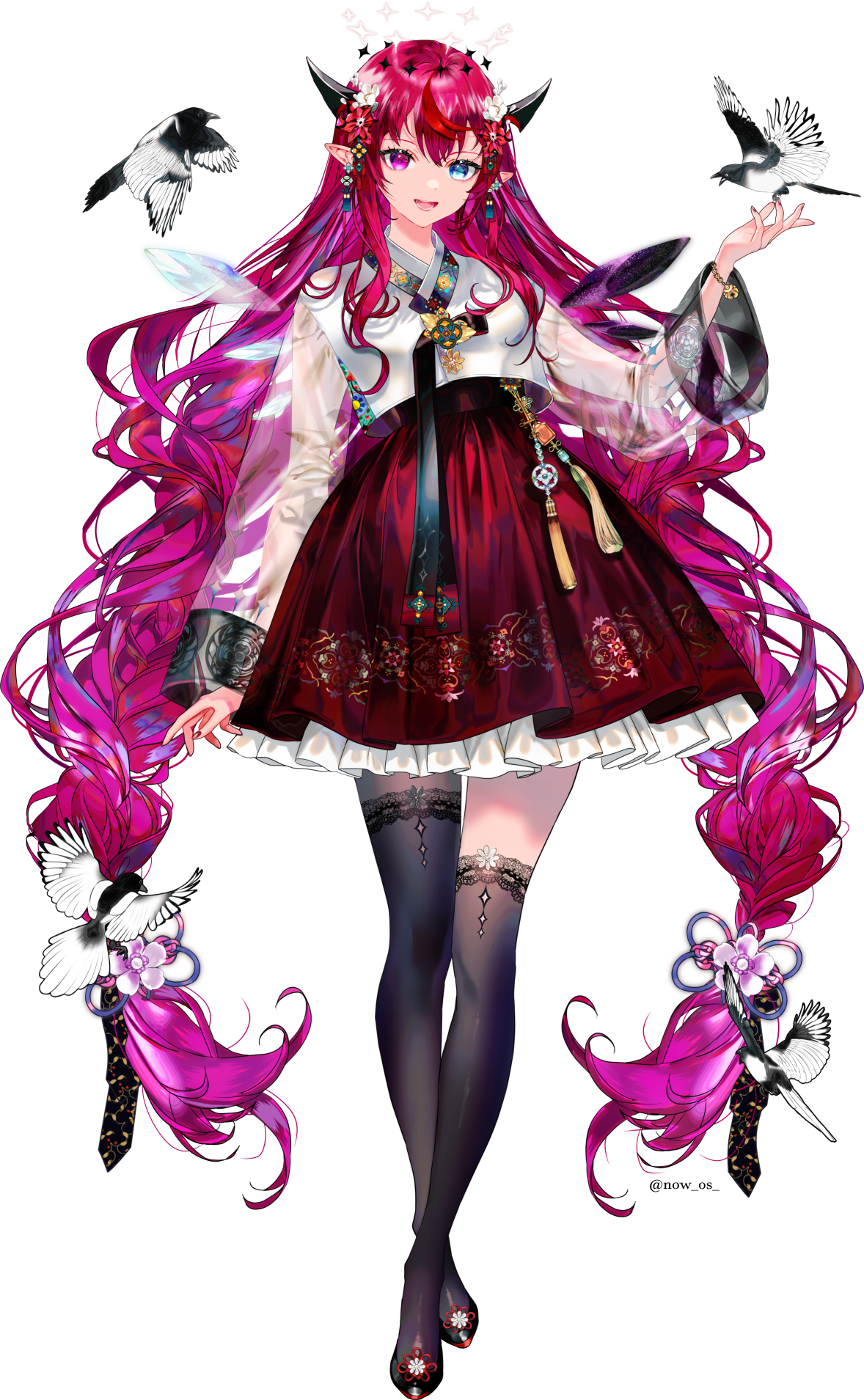 sowon, irys (hololive), hololive, hololive english, bilingual commentary, commentary, english commentary, highres, korean commentary, mixed-language commentary, 1girl, :d, asymmetrical legwear, bird, black shoes, black thighhighs, blue eyes, crystal wings, detached wings, double-parted bangs, flower, frilled skirt, frills, full body, hair between eyes, hair flower, hair ornament, halo, hanbok, hand up, heterochromia, jeogori (clothes), korean clothes, layered skirt, long hair, looking at viewer, low twintails, open mouth, pink eyes, pointy ears, purple hair, purple skirt, see-through clothes, see-through sleeves, shoes, sidelocks, simple background, skirt, smile, solo, thighhighs, twintails, uneven legwear, very long hair, virtual youtuber, white background, wings