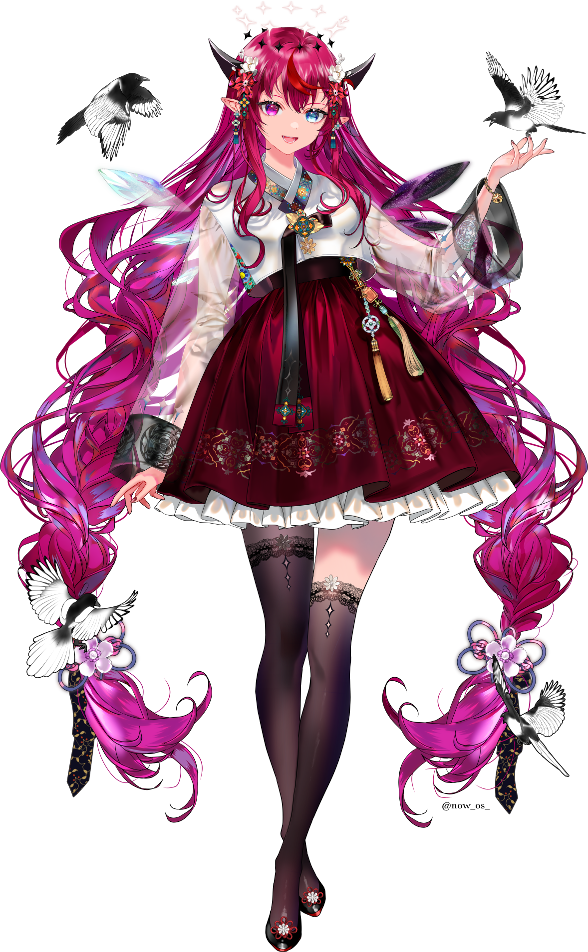 sowon, irys (hololive), hololive, hololive english, bilingual commentary, commentary, english commentary, highres, korean commentary, mixed-language commentary, 1girl, :d, asymmetrical legwear, bird, black shoes, black thighhighs, blue eyes, crystal wings, detached wings, double-parted bangs, flower, frilled skirt, frills, full body, hair between eyes, hair flower, hair ornament, halo, hanbok, hand up, heterochromia, jeogori (clothes), korean clothes, layered skirt, long hair, looking at viewer, low twintails, open mouth, pink eyes, pointy ears, purple hair, purple skirt, see-through clothes, see-through sleeves, shoes, sidelocks, simple background, skirt, smile, solo, thighhighs, transparent background, twintails, uneven legwear, very long hair, virtual youtuber, wings