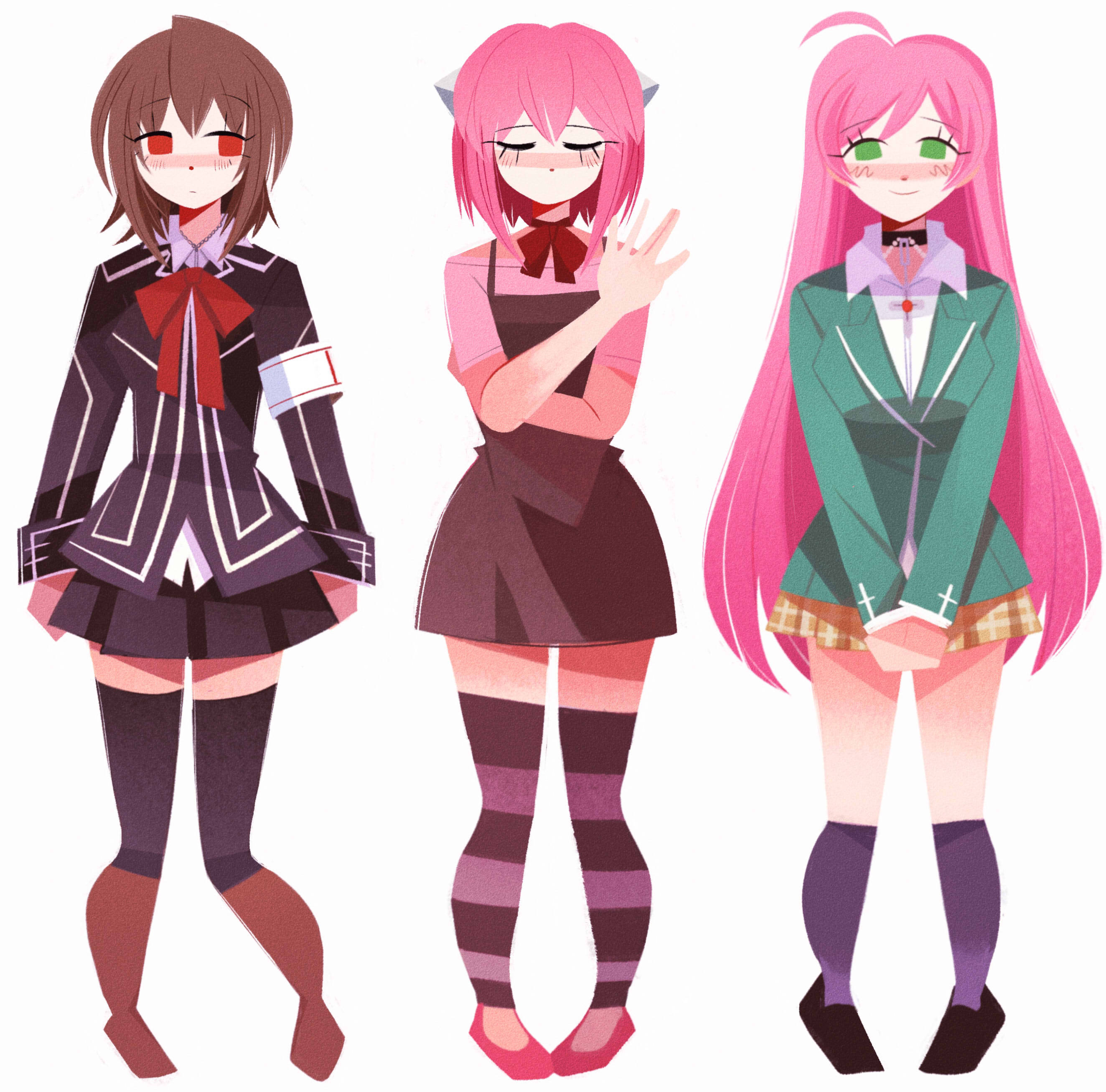 emmyluvscookies, akashiya moka, cross yuki, lucy (elfen lied), elfen lied, rosario+vampire, vampire knight, absurdres, commentary, english commentary, highres, 3girls, ahoge, armband, black choker, black dress, black skirt, black socks, blazer, blush, boots, bow, bowtie, brown boots, brown hair, choker, closed eyes, collared shirt, cross, cross academy school uniform, cross necklace, dress, expressionless, eyelashes, flats, green jacket, horns, jacket, jewelry, kneehighs, long hair, looking to the side, medium hair, multiple girls, necklace, no lineart, no mouth, own hands clasped, own hands together, pigeon-toed, pink hair, pink shirt, plaid clothes, plaid skirt, pleated skirt, red bow, red eyes, red shoes, school uniform, shirt, shoes, skirt, socks, strapless, strapless shirt, striped clothes, striped thighhighs, thighhighs, white armband, yellow skirt, youkai academy school uniform, zettai ryouiki
