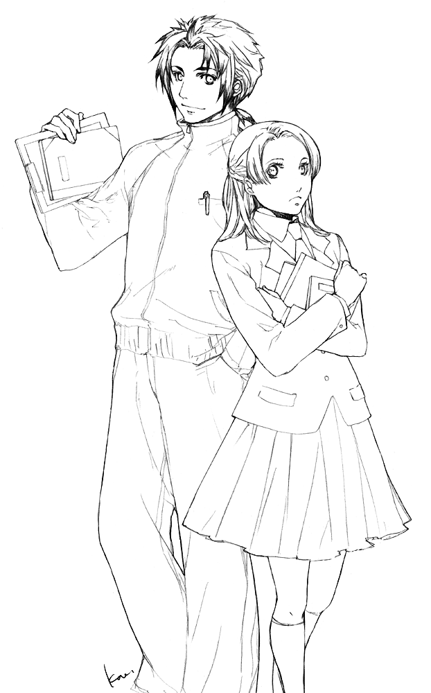 katsura (+araka), chris lightfellow, hugo (suikoden iii), gensou suikoden, gensou suikoden iii, 1boy, 1girl, book, greyscale, long hair, monochrome, school uniform, simple background, sketch, skirt, white background