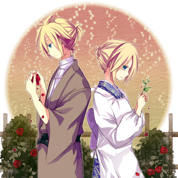 aruya (flosrota), kagamine len, kagamine rin, sigre (vocaloid), vocaloid, bad id, bad pixiv id, 1boy, 1girl, apron, blonde hair, blue eyes, brother and sister, cowboy shot, flower, from side, frown, half-closed eyes, japanese clothes, kappougi, kimono, petals, plant, ponytail, profile, rose, short hair, siblings, smile, twins