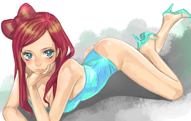 hitowa, original, ass, blue eyes, blush, hair ribbon, high heels, legs, leotard, lips, lying, red hair, ribbon, shoes, solo