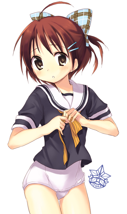 miyoshino, bad id, bad pixiv id, 1girl, brown eyes, brown hair, cowboy shot, female focus, hair ribbon, looking at viewer, no pants, one-piece swimsuit, ribbon, school swimsuit, school uniform, serafuku, short hair, simple background, solo, swimsuit, swimsuit under clothes, undressing, white background, white one-piece swimsuit, white school swimsuit