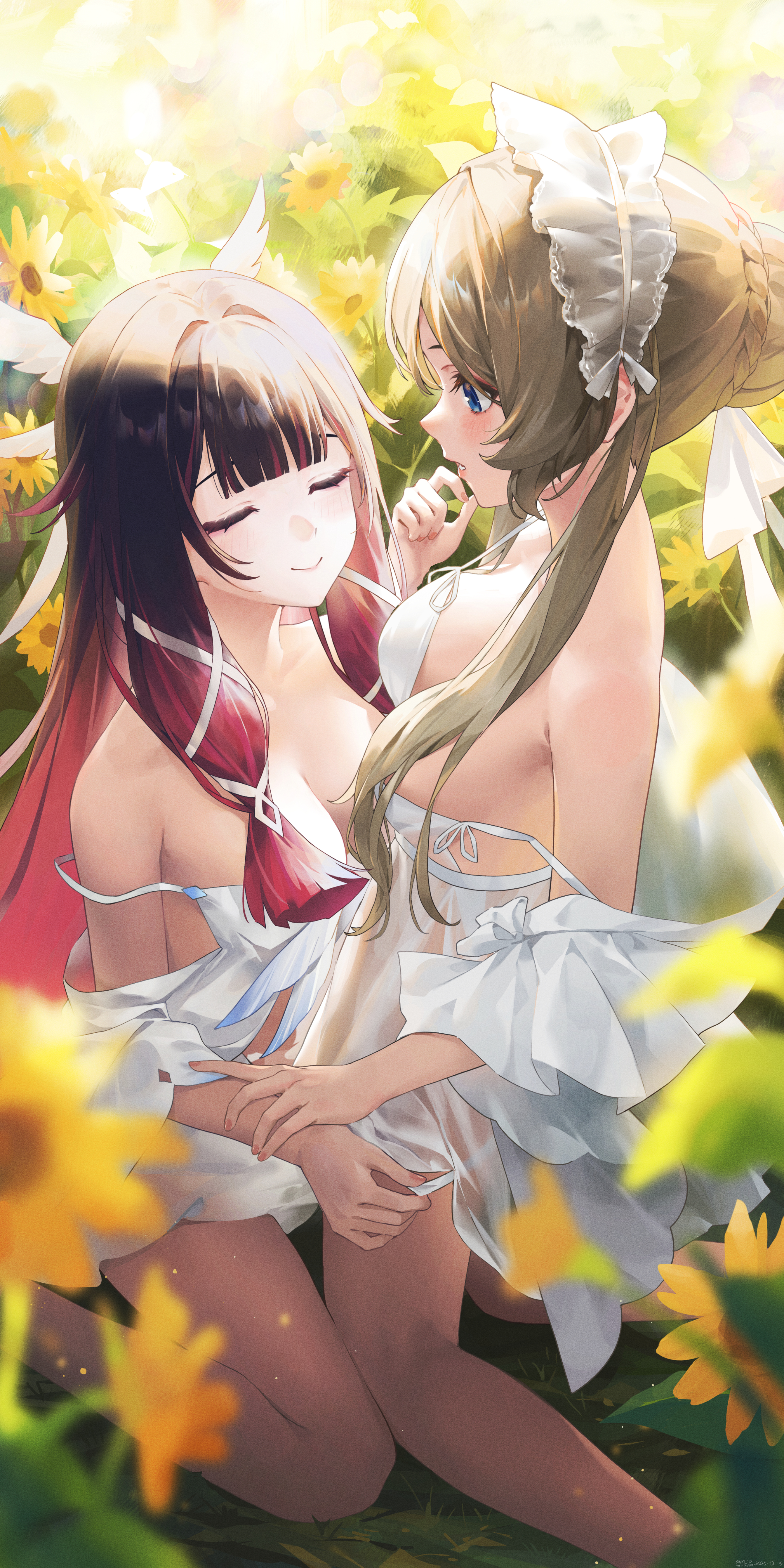 swkl:d, columbina (genshin impact), sandrone (genshin impact), genshin impact, absurdres, chinese commentary, commentary request, highres, 2girls, alternate costume, bare shoulders, black hair, blue eyes, blurry, blurry foreground, braid, breasts, brown hair, bun with braided base, cleavage, closed eyes, closed mouth, dress, flower, hand up, kneeling, large breasts, looking at another, multicolored hair, multiple girls, open mouth, outdoors, panties, purple hair, short hair with long locks, sleeveless, sleeveless dress, smile, sunflower, two-tone hair, underwear, undressing another, white dress, white headdress, white panties