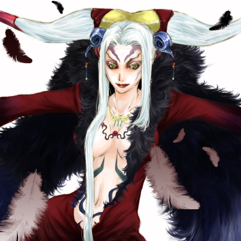 koshi00x, ultimecia, dissidia final fantasy, final fantasy, final fantasy viii, bad id, bad pixiv id, 1990s (style), 1girl, breasts, cleavage, female focus, horns, large breasts, long hair, navel, retro artstyle, revealing clothes, solo, tattoo, white hair, yellow eyes