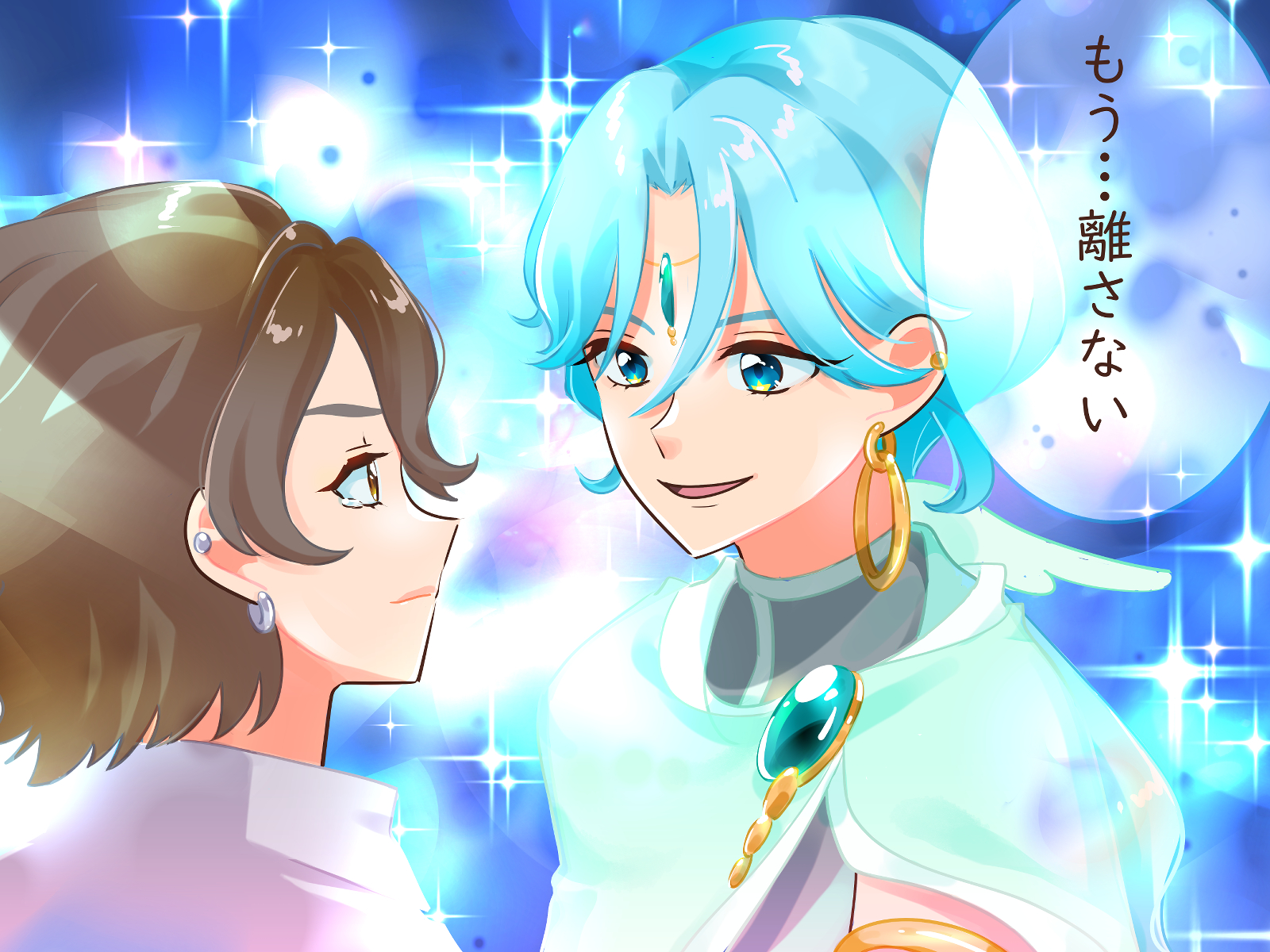 nekoko (nekonekonya), hibiki kaito, kimi to idol precure, precure, shining, highres, 2boys, arm cuffs, brooch, brown hair, buttons, cloak, cure connect, diamond (shape), diamond button, earrings, forehead jewel, gradient background, green cloak, green eyes, green hair, hair between eyes, hair ornament, hair wings, half updo, hoop, hoop earrings, jewelry, kazuma (precure), long hair, long hair between eyes, looking at another, low-tied long hair, mature male, metal arm cuffs, multiple boys, multiple earrings, open mouth, parted bangs, profile, see-through scarf, sideways, sleeveless, speech bubble, tearing up, tears, upper body, wing hair ornament