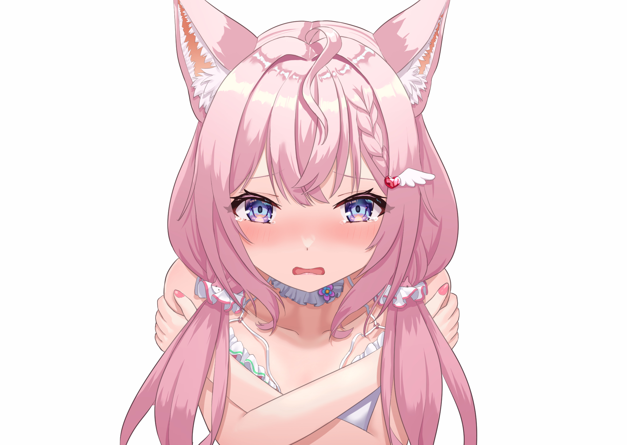 yoshi yubisashi, hakui koyori, hakui koyori (summer), hololive, commentary request, highres, 1girl, ahoge, alternate breast size (smaller), animal ear fluff, animal ears, bare shoulders, bikini, blue eyes, blush, braid, braided bangs, collarbone, covering breasts, covering privates, double-parted bangs, embarrassed, eyelashes, eyes visible through hair, fingernails, furrowed brow, hair between eyes, hair ornament, hair scrunchie, hands on own arms, heart, heart hair ornament, long hair, low twintails, nose blush, official alternate costume, official alternate hairstyle, open mouth, peanut mouth, pink hair, pink nails, scrunchie, self hug, simple background, single braid, solo, straight-on, swimsuit, tearing up, twintails, upper body, white background, white bikini, white scrunchie, wing hair ornament, wolf ears, wolf girl