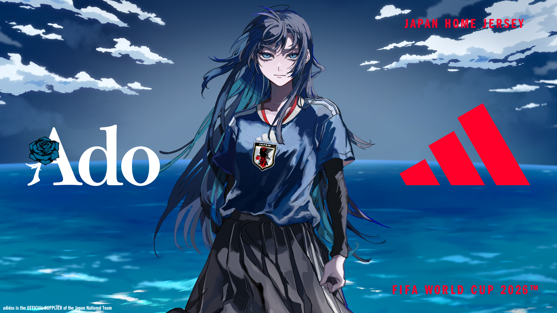 orihara (ewkkyorhr), chando (ado), 2026 fifa world cup, adidas, ado (utaite), world cup, commentary request, highres, official art, second-party source, 1girl, black shirt, black skirt, blue eyes, blue hair, blue shirt, closed mouth, cloud, long hair, mole, mole under eye, purple eyes, shirt, skirt, solo, utaite