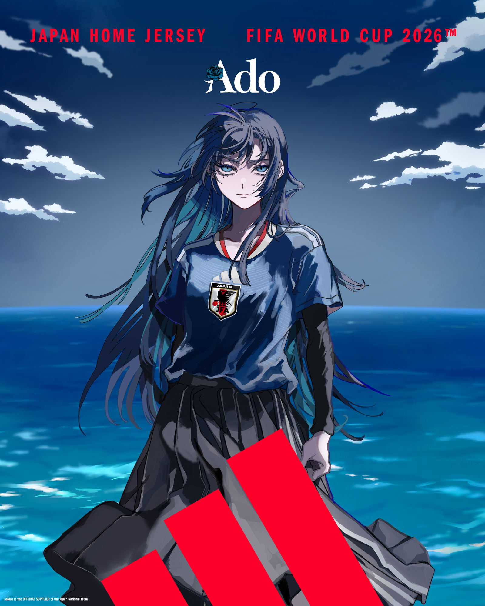 orihara (ewkkyorhr), chando (ado), 2026 fifa world cup, adidas, ado (utaite), world cup, commentary request, highres, official art, second-party source, 1girl, black shirt, black skirt, blue eyes, blue hair, blue shirt, closed mouth, cloud, long hair, mole, mole under eye, purple eyes, shirt, skirt, solo, utaite