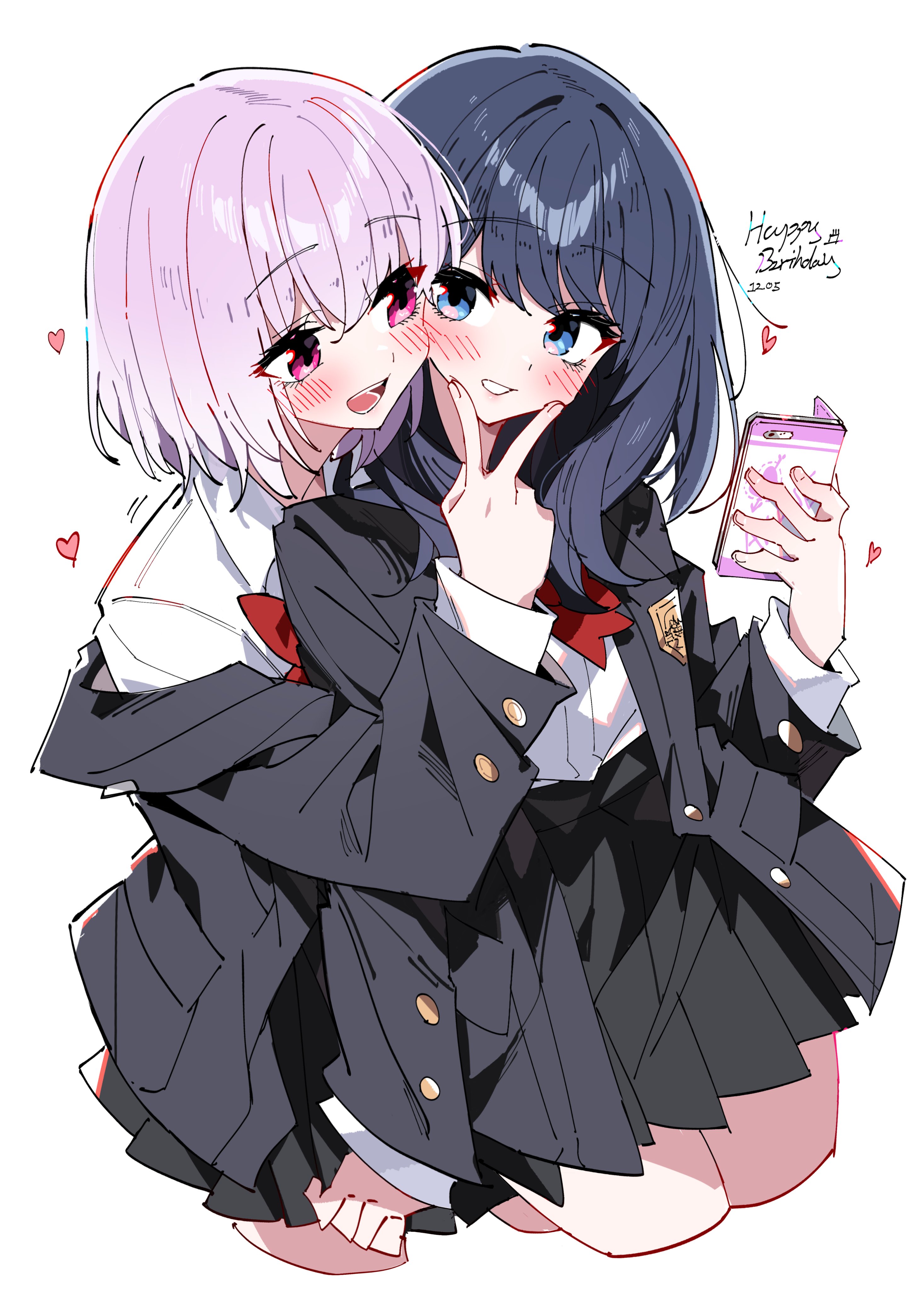zhanzhangzlw, shinjou akane, takarada rikka, gridman universe, ssss.gridman, absurdres, commentary, highres, 2girls, black hair, black jacket, black skirt, blue eyes, blush, bow, bowtie, cellphone, dated commentary, happy birthday, heart, holding, holding phone, jacket, long sleeves, multiple girls, open mouth, phone, pink eyes, pink hair, red bow, red bowtie, shirt, simple background, skirt, smartphone, v, v over mouth, white background, white shirt, yuri