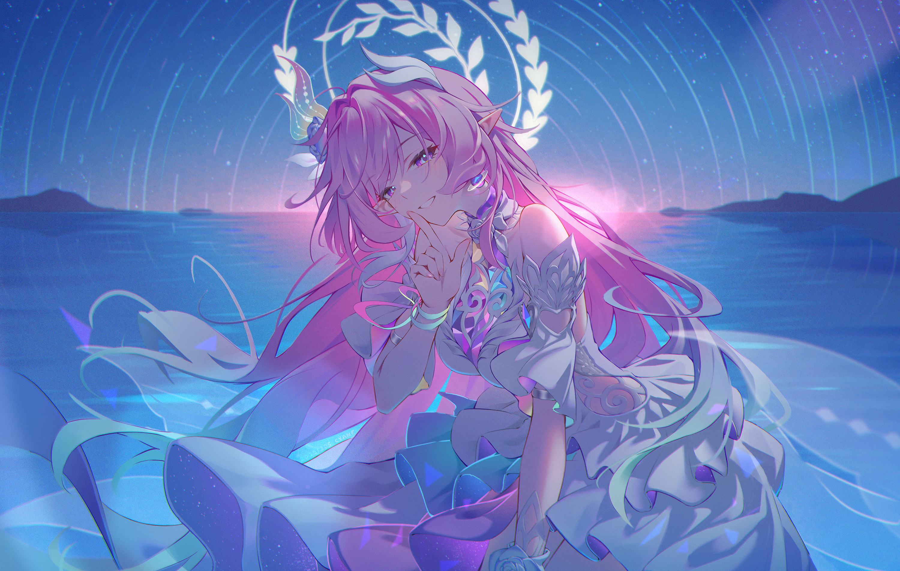 holz, cyrene (honkai: star rail), cyrene (ripples of past reverie) (honkai: star rail), honkai: star rail, honkai (series), commentary request, highres, 1girl, bare shoulders, breasts, dress, finger to mouth, halo, halo behind head, index finger raised, large breasts, looking at viewer, parted lips, pink hair, pointy ears, purple eyes, shushing, sidelocks, smile, solo, white dress