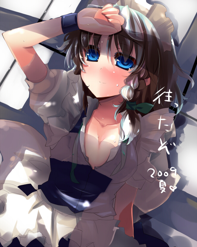 shin (new), izayoi sakuya, touhou, hand on forehead, silver hair, 00s, 1girl, 2009, blue eyes, braid, female focus, open clothes, open shirt, shirt, short hair, solo, twin braids