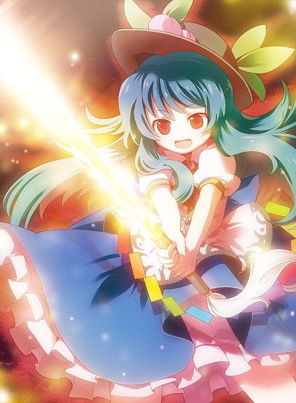 chaba (hortensia), hinanawi tenshi, touhou, 1girl, blue hair, female focus, food, fruit, hat, long hair, peach, red eyes, solo, sword, sword of hisou, weapon