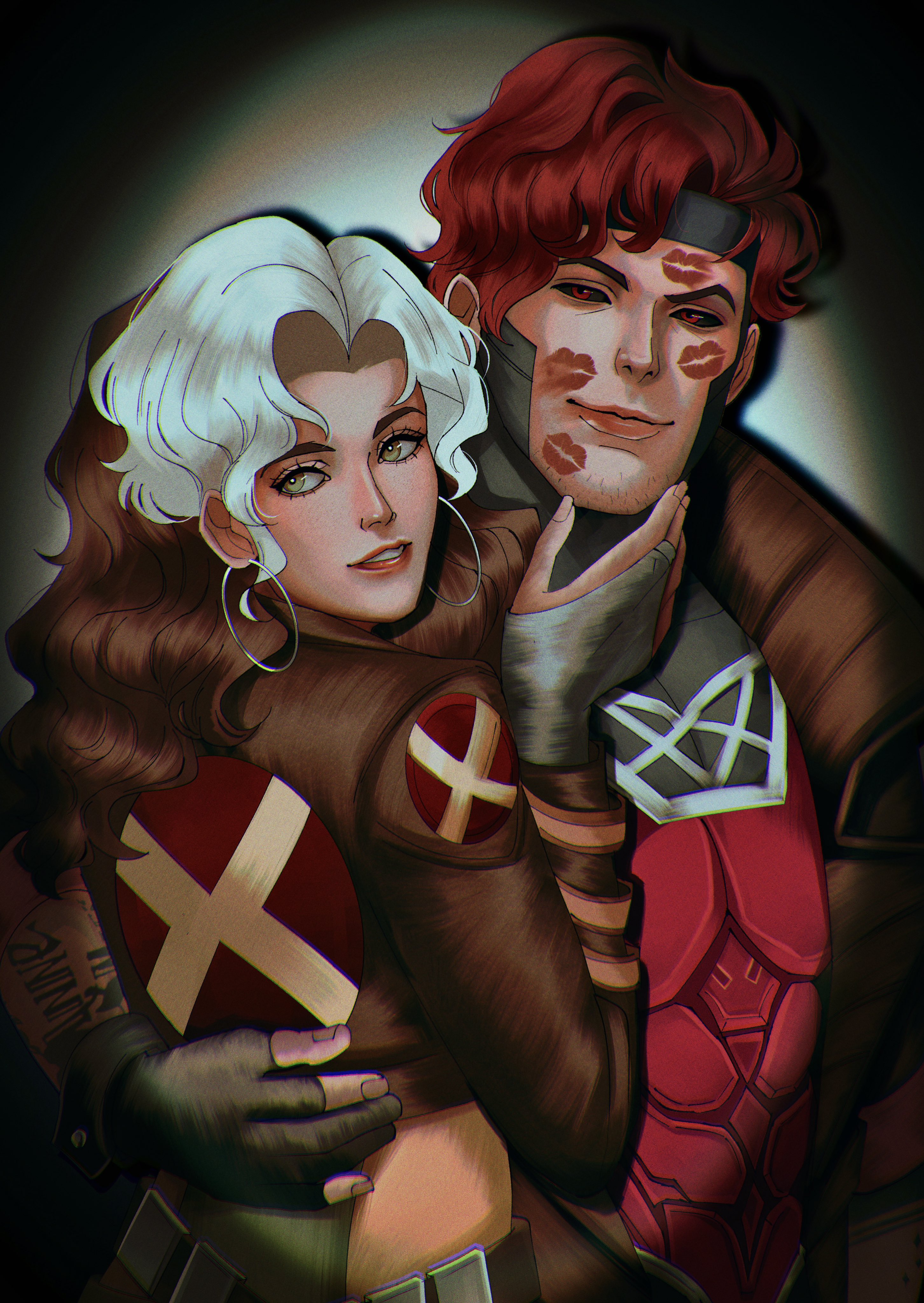 gambit, rogue (x-men), marvel, marvel rivals, x-men, absurdres, commentary, english commentary, highres, 1boy, 1girl, arm tattoo, armor, black sclera, bodysuit, bridal gauntlets, brown coat, brown hair, brown jacket, butsuyui, coat, colored sclera, couple, covered abs, earrings, facial hair, film grain, gloves, green bodysuit, green eyes, grey bridal gauntlets, hand on another's back, hand on another's chin, hetero, hoop earrings, jacket, jewelry, lipstick mark, long hair, looking at viewer, looking back, looking to the side, multicolored bodysuit, multicolored hair, partially fingerless gloves, red armor, red eyes, red hair, red lips, short hair, silver earrings, smile, stubble, superhero costume, tattoo, trench coat, two-tone bodysuit, upper body, vignetting, white hair, yellow bodysuit