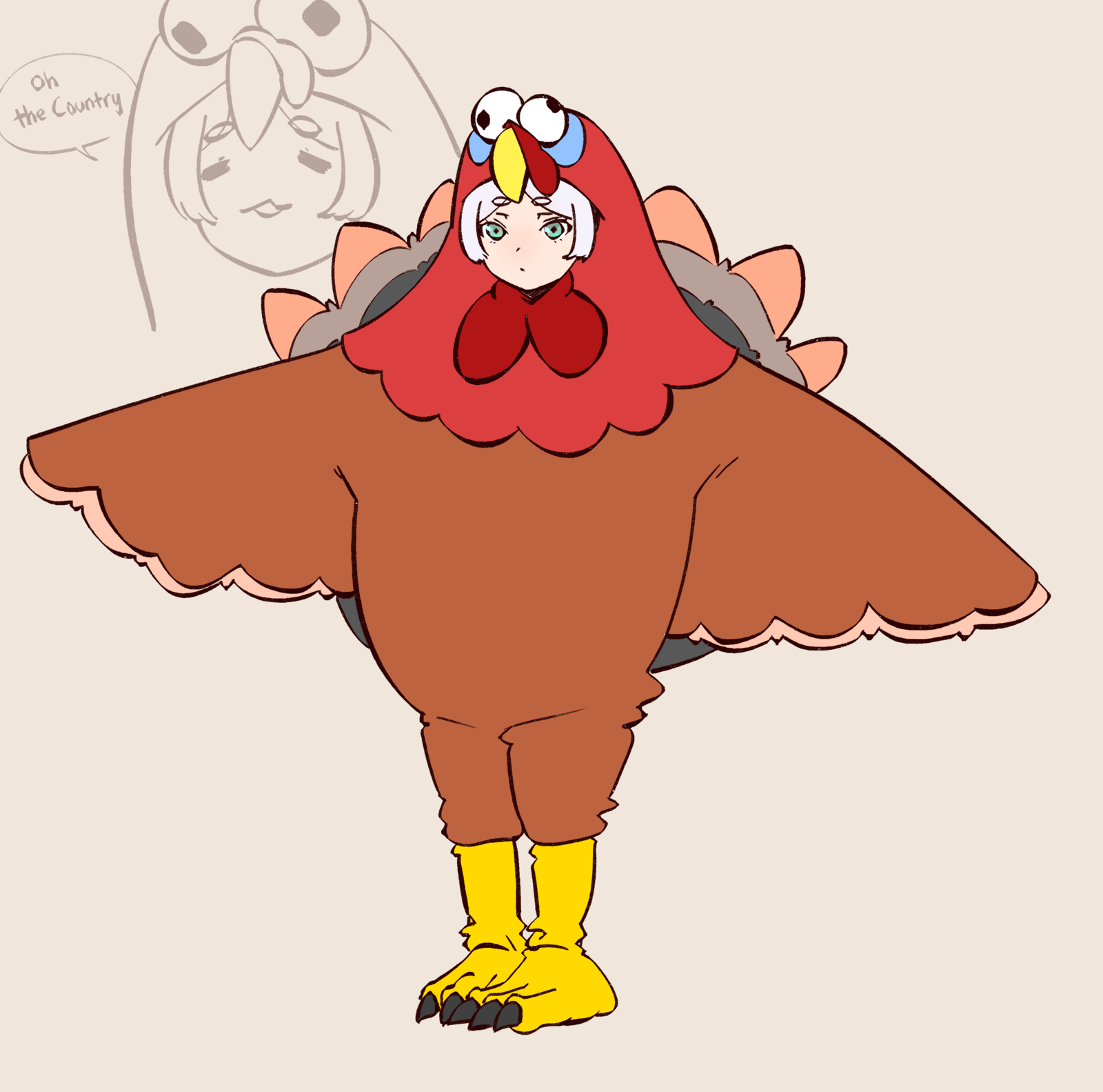 frieren, sousou no frieren, highres, 1girl, :3, = =, alternate costume, boots, closed mouth, dot mouth, drawegg, expressionless, feathers, full body, googly eyes, green eyes, grey hair, outstretched arms, parted bangs, parted lips, projected inset, simple background, solo, speech bubble, spread arms, standing, t-pose, talons, turkey costume, white background, yellow boots