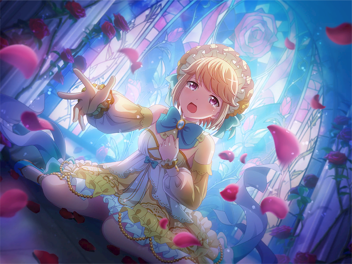 kobato ryouko, shoujo kageki revue starlight, shoujo kageki revue starlight -re live-, game cg, official art, 1girl, beauty (fairy tale character), beauty (fairy tale character) (cosplay), beauty and the beast (fairy tale), blue bow, bow, brown hair, cosplay, crying, crying with eyes open, detached sleeves, dress, falling petals, flower, frilled sleeves, frills, looking at viewer, open mouth, petals, purple eyes, reaching, reaching towards viewer, red flower, red rose, rose, short hair, sitting, solo, tears, wariza, yellow dress