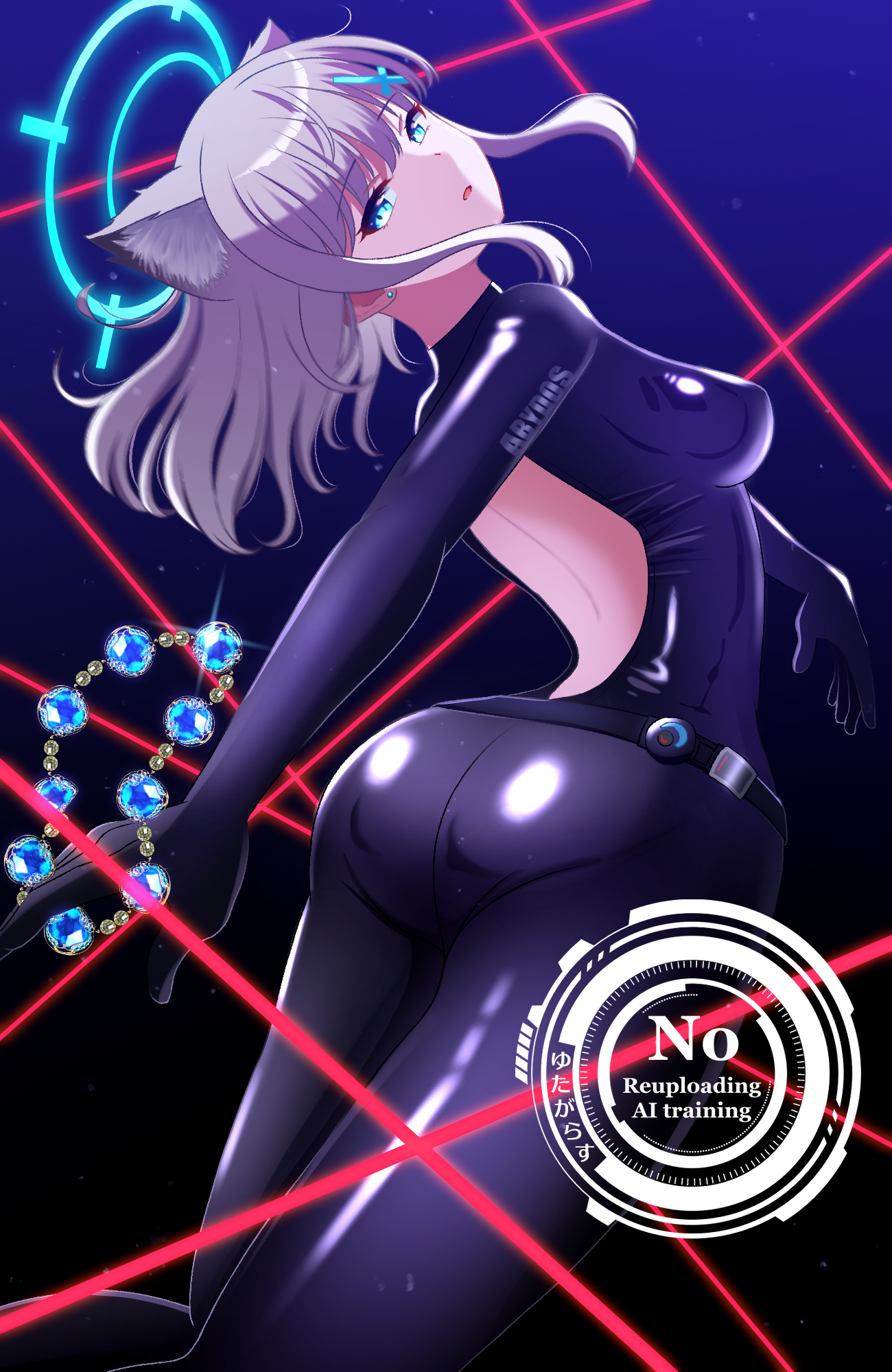 yutagarasu, quency (escape queen) (nikke), quency (nikke), shiroko (blue archive), blue archive, goddess of victory: nikke, commentary request, highres, alternate costume, animal ear fluff, animal ears, arched back, ass, back cutout, belt, blue halo, bodysuit, breasts, clothing cutout, cosplay, dark background, hair ornament, hairclip, halo, jewelry, laser, latex, latex bodysuit, medium breasts, quency (nikke) (cosplay), shiny clothes, skin tight, white hair