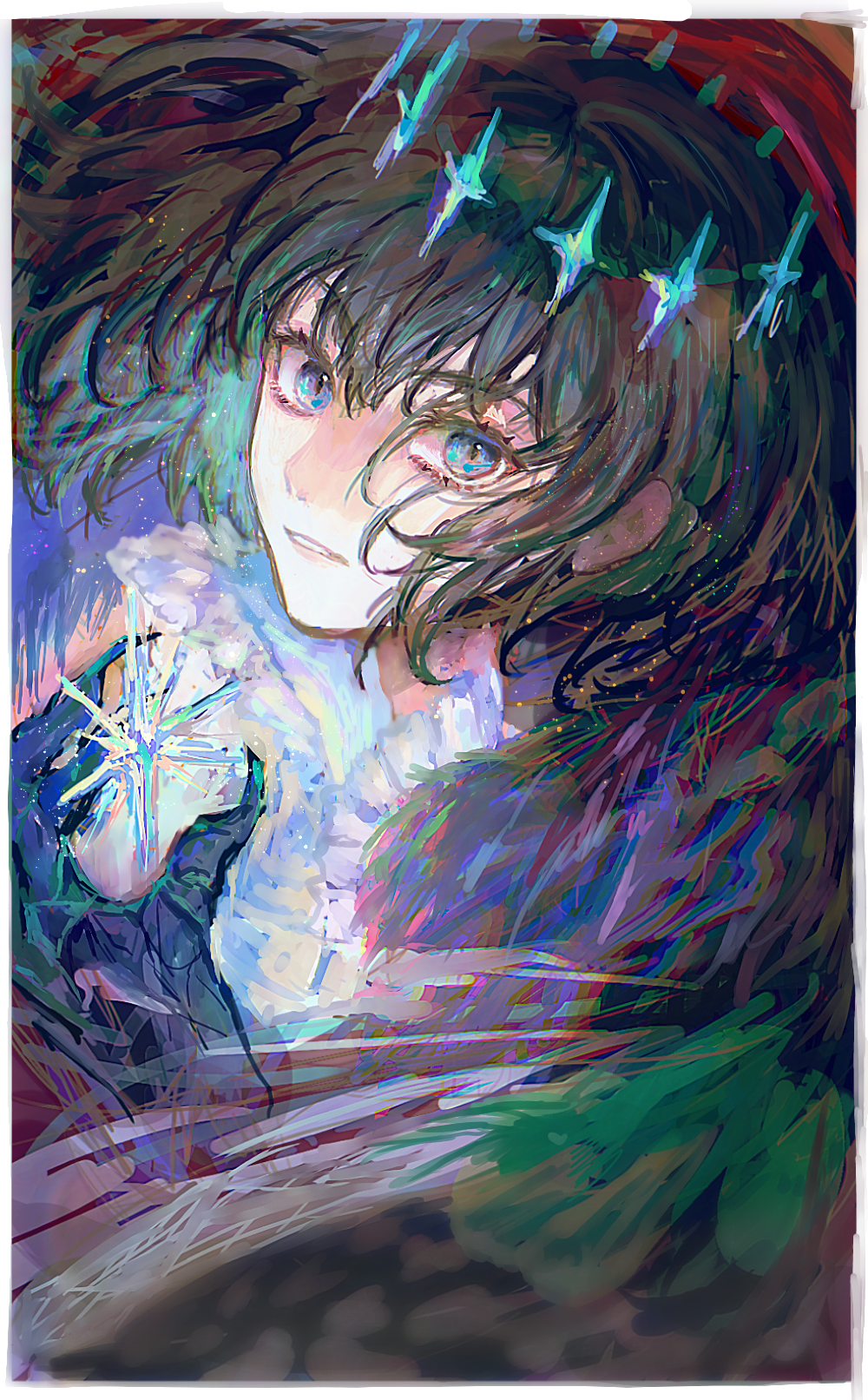 oberon (fate), oberon (third ascension) (fate), fate/grand order, fate (series), commentary, highres, 1boy, arthropod limbs, black hair, blue eyes, blue hairband, bob cut, border, diamond hairband, eyes visible through hair, hairband, hand up, looking at viewer, male focus, parted bangs, shirt, short hair, soeppe, solo, upper body, white border, white shirt