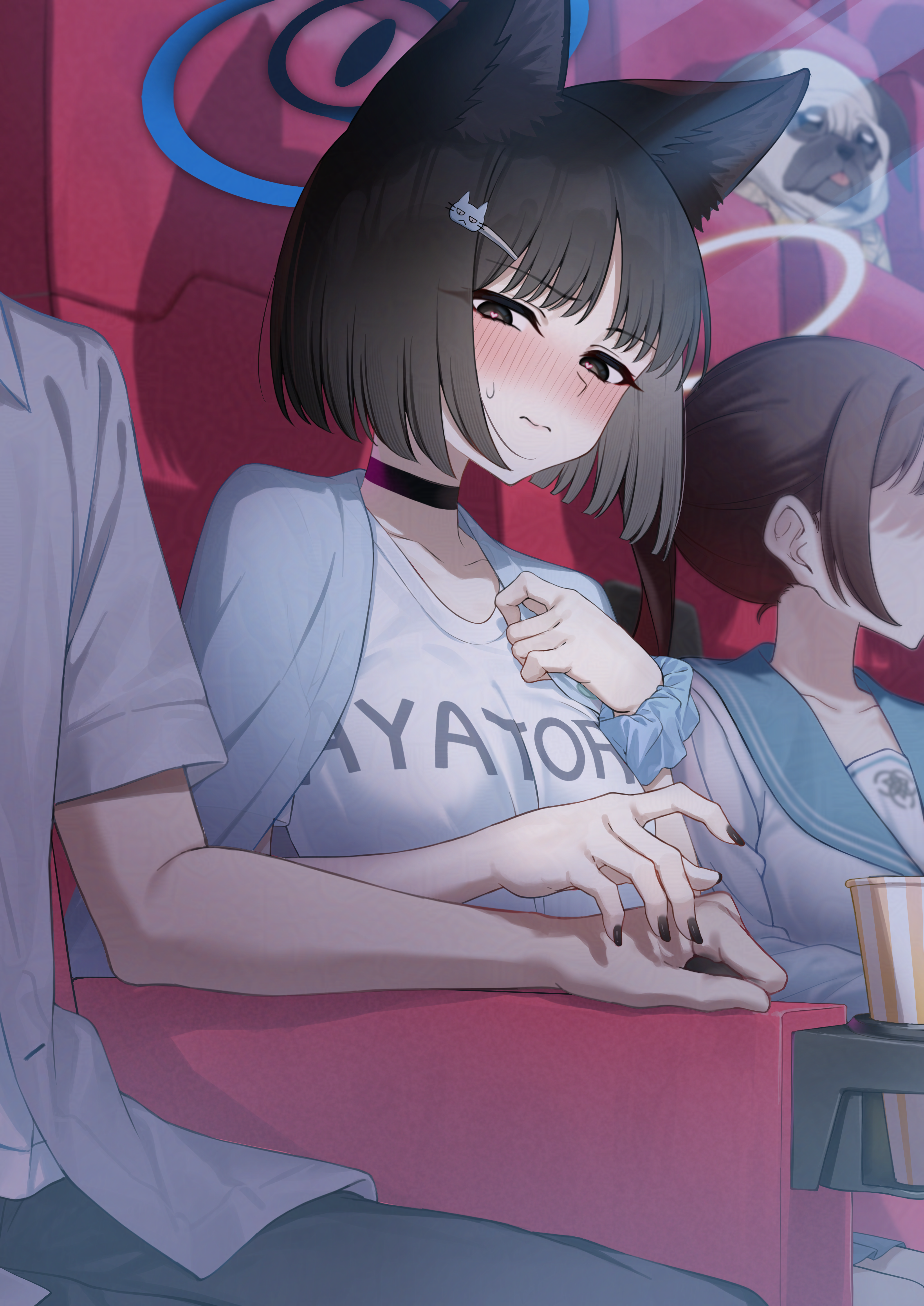 pizza (pizzania company), kikyou (blue archive), blue archive, absurdres, commentary request, highres, 1boy, 2girls, alternate costume, animal ears, black choker, black eyes, black hair, black nails, blue halo, blue haori, blue sailor collar, blue scrunchie, blush, brown hair, casual, cat ears, cat girl, choker, closed mouth, faceless, faceless female, halo, haori, heart, heart-shaped pupils, imminent hand holding, japanese clothes, long hair, looking at another, movie theater, multiple girls, parted bangs, ponytail, sailor collar, scrunchie, shirt, short hair, short sleeves, sidelocks, sitting, sweatdrop, symbol-shaped pupils, white shirt, wrist scrunchie, yellow halo