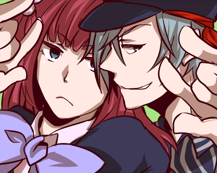 hage2013, amakusa juuza, ushiromiya ange, ushiromiya battler, umineko no naku koro ni, striped, bad id, bad pixiv id, 00s, 1boy, 1girl, :<, m/, bandana, blue eyes, bow, close-up, frown, grey eyes, grey hair, grin, hair bobbles, hair ornament, hat, peaked cap, red hair, smile