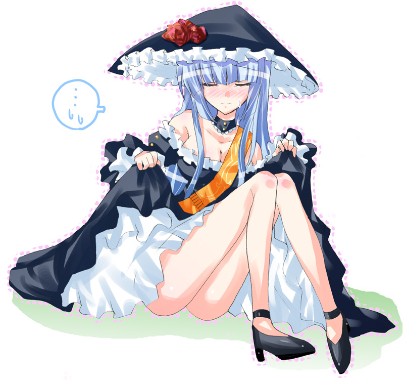 kuriyuzu kuryuu, virgilia (umineko), umineko no naku koro ni, silver hair, 00s, blush, choker, closed eyes, clothes lift, dress, dress lift, frills, hat, sash, solo