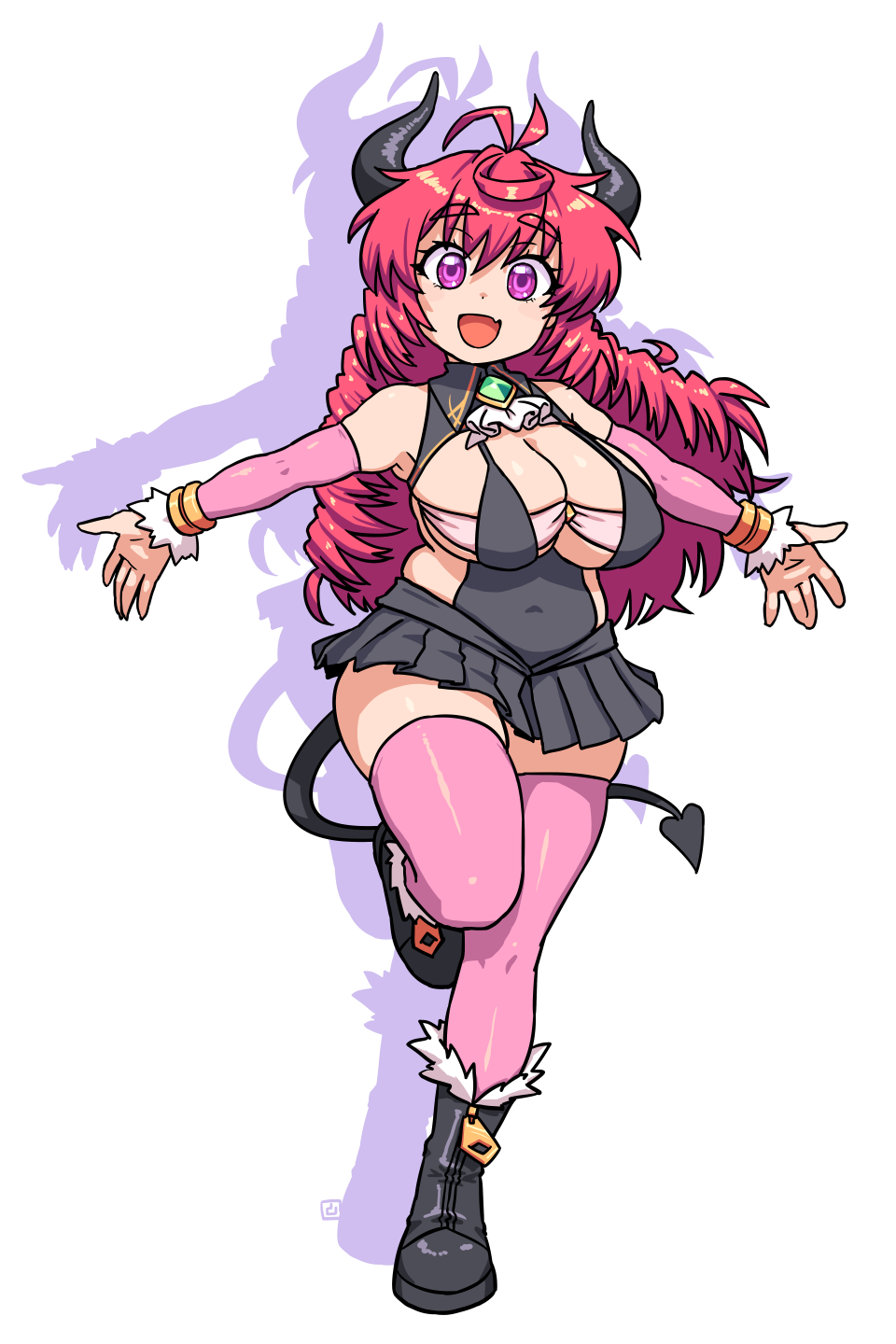 muu (mumumer), original, character request, commentary request, highres, 1girl, :d, black boots, black leotard, black skirt, boots, breasts, cleavage, covered navel, demon girl, demon horns, demon tail, detached sleeves, drop shadow, fang, full body, hair between eyes, horns, large breasts, leotard, long hair, long sleeves, looking at viewer, open mouth, pink sleeves, pink thighhighs, pleated skirt, plump, purple eyes, red hair, simple background, skirt, smile, solo, standing, standing on one leg, tail, thick eyebrows, thighhighs, thighhighs under boots, very long hair, white background
