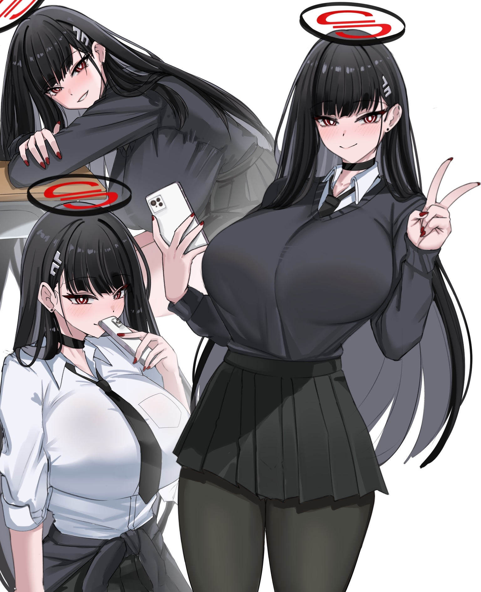 lengkuass, rio (blue archive), blue archive, commentary request, highres, 1girl, black choker, black hair, black necktie, black pantyhose, blunt bangs, breasts, bright pupils, choker, collared shirt, desk, hair behind ear, hair ornament, hairclip, halo, large breasts, leaning back, long hair, miniskirt, multicolored halo, multiple views, necktie, pantyhose, pleated skirt, red eyes, red nails, ringed eyes, school desk, shirt, simple background, sitting, skirt, sleeves rolled up, smile, sweater, tied sweater, turtleneck, turtleneck sweater, two-tone halo, v, white background, white pupils, white shirt