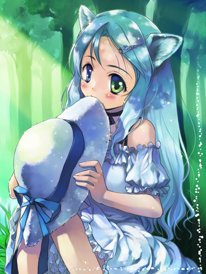 suzuki hanako, animal ears, aqua hair, blue eyes, cat ears, dress, green eyes, hair ornament, hairclip, hat, heterochromia, long hair, nature, sitting, solo