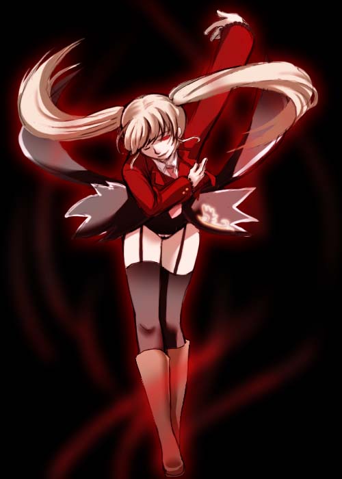 misumi kouji, misumikouji, asmodeus (umineko), umineko no naku koro ni, bad id, bad pixiv id, 00s, 1girl, black thighhighs, boots, female focus, full body, garter straps, long hair, looking at viewer, necktie, pink necktie, red eyes, simple background, smile, solo, standing, thighhighs, twintails